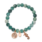 Stainless Steel Antiqued and Polished Rose IP-plated Seahorse and Tree of Life 8mm Green Dyed Jade Beaded Stretch Bracelet for Women