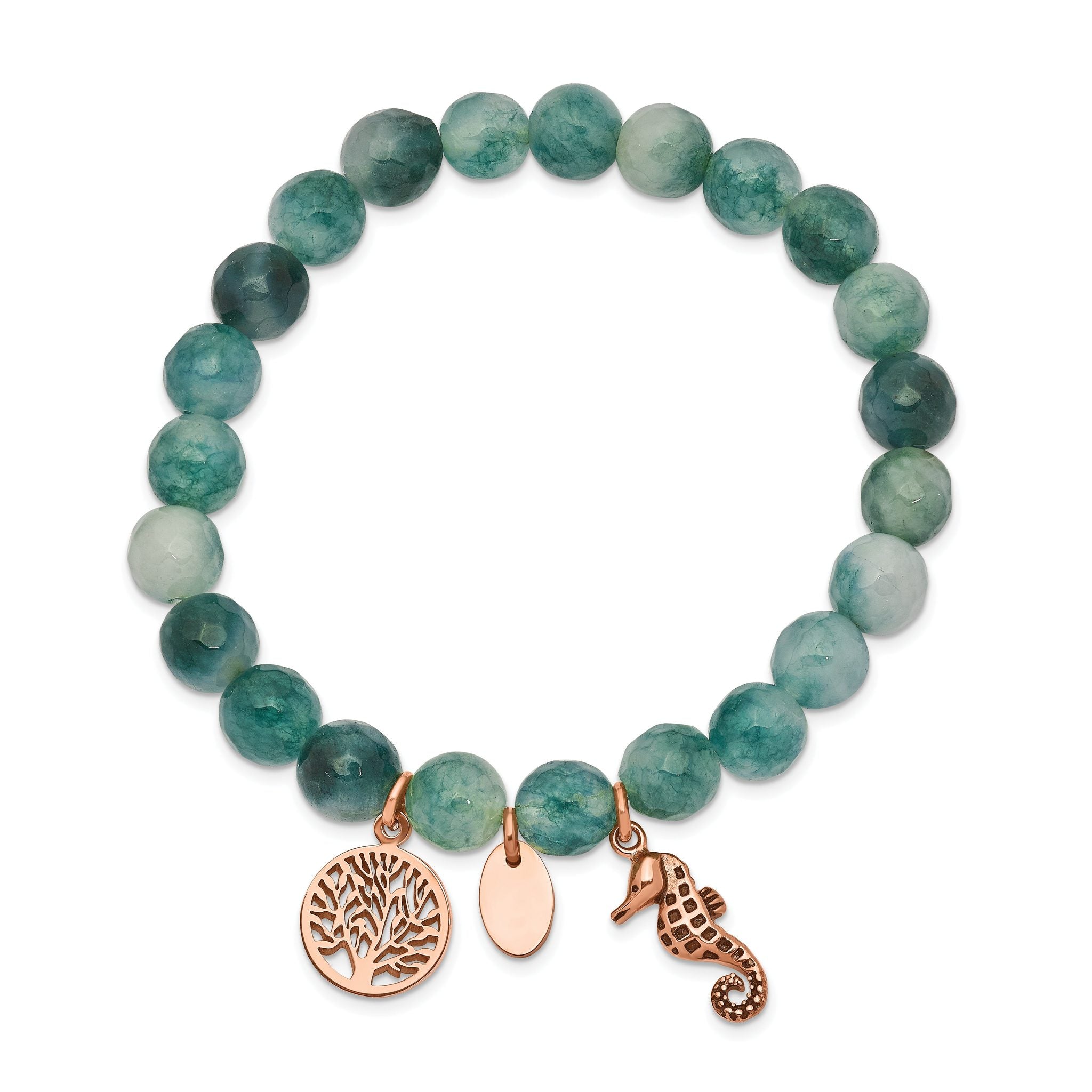 Stainless Steel Antiqued and Polished Rose IP-plated Seahorse and Tree of Life 8mm Green Dyed Jade Beaded Stretch Bracelet for Women