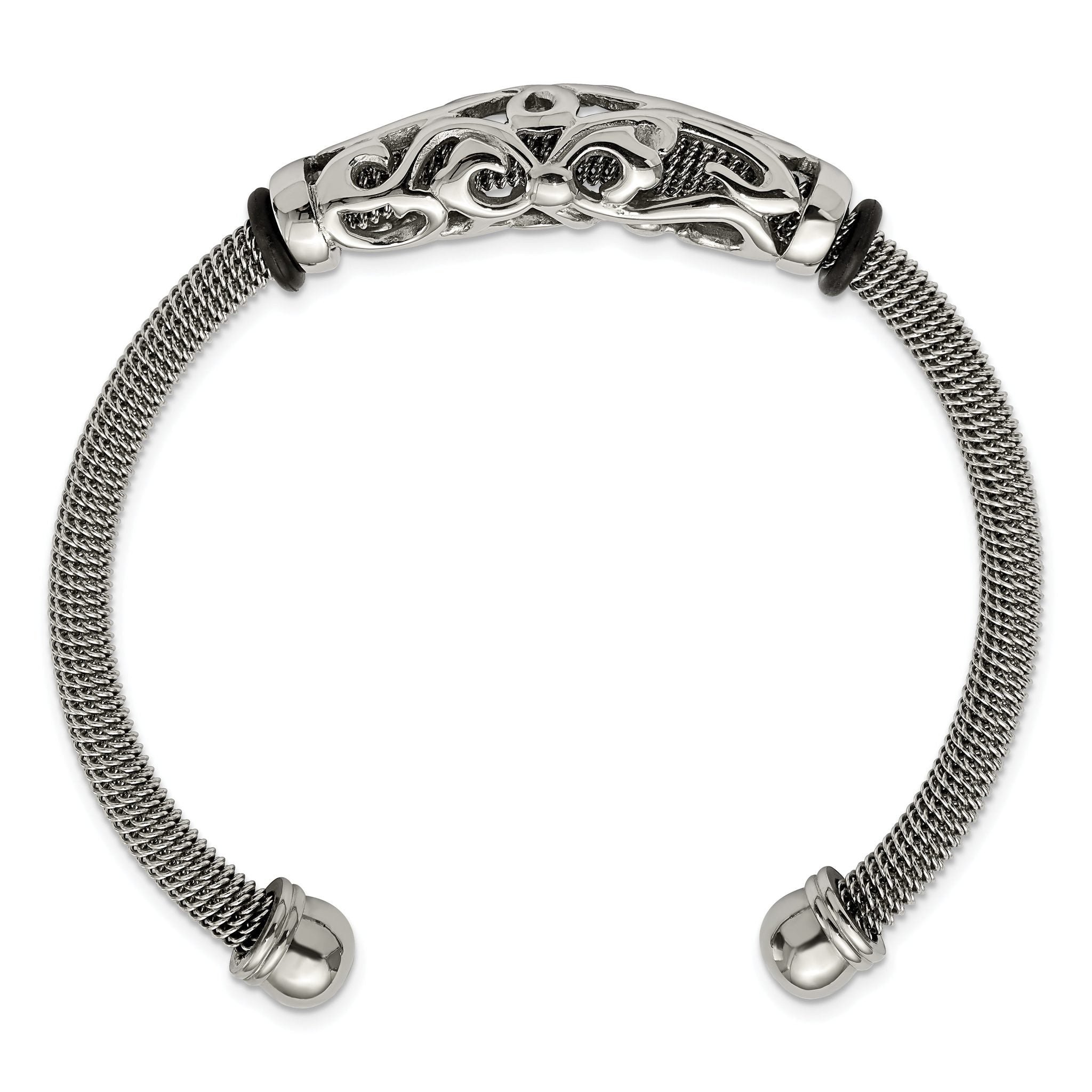 Stainless Steel Polished Mesh with Black Rubber Bangle Bracelet for Women Secondary image
