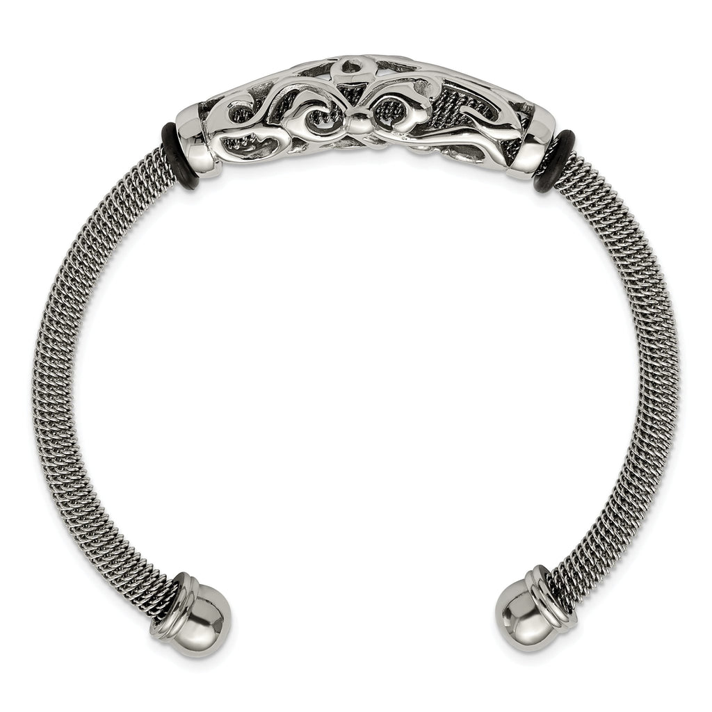 Stainless Steel Polished Mesh with Black Rubber Bangle Bracelet for Women