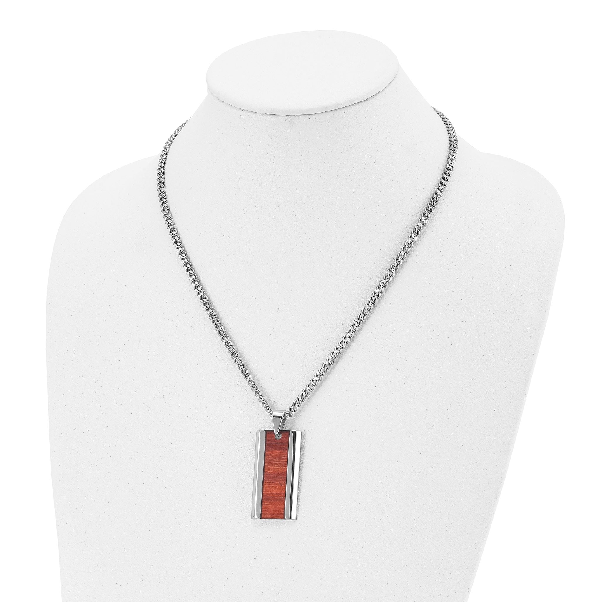Chisel Stainless Steel Polished Red Koa Wood Inlay Enameled Pendant on a 20 inch Curb Chain Necklace