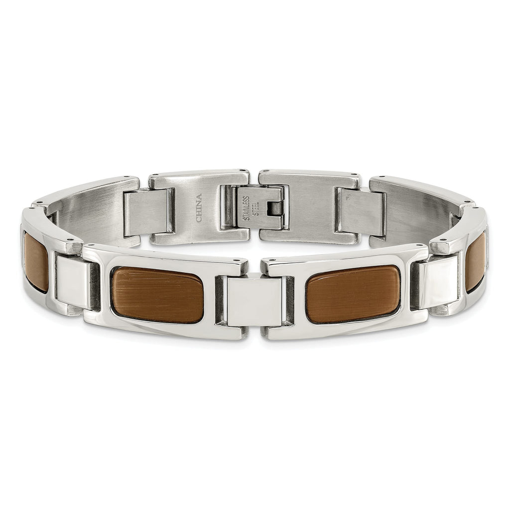 Stainless Steel Polished with Tiger's Eye Inlay Link Bracelet for Men