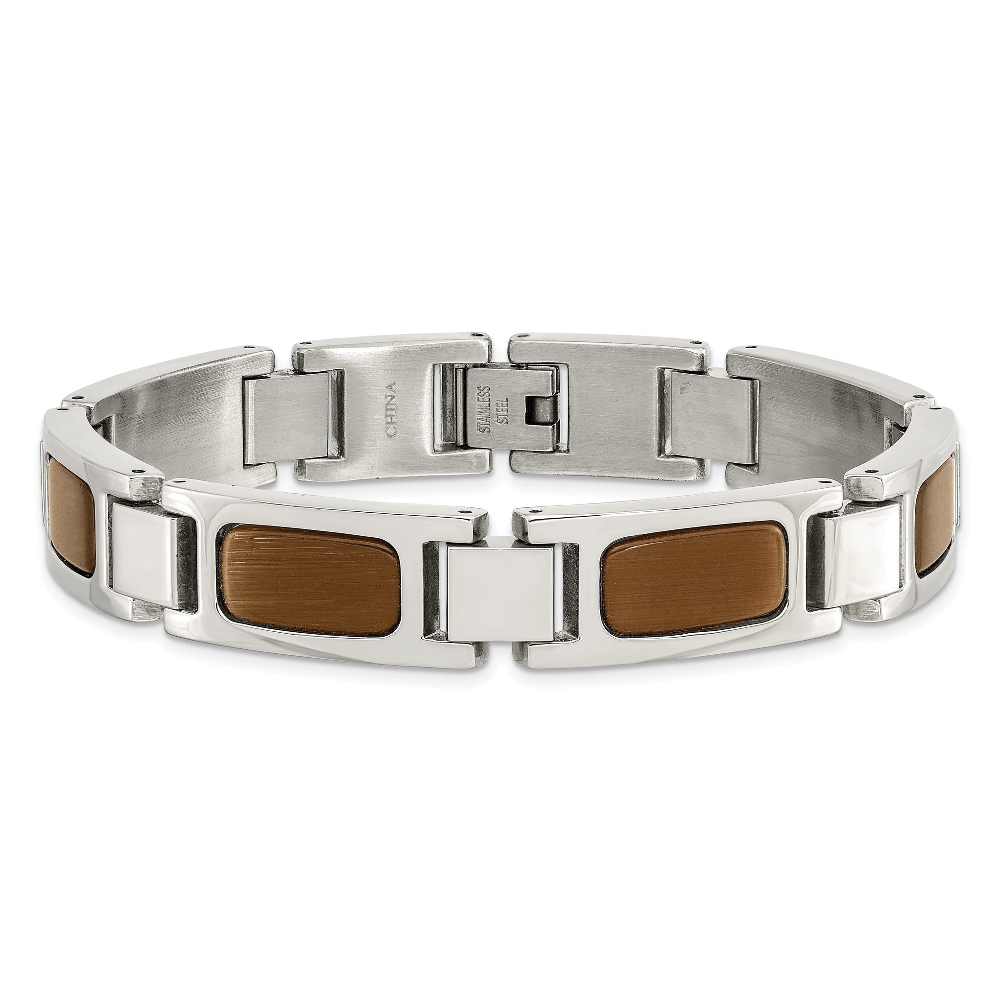 Stainless Steel Polished with Tiger's Eye Inlay Link Bracelet for Men