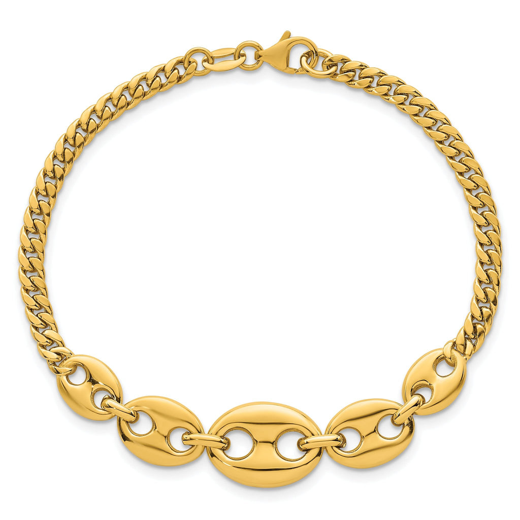 14k Polished Graduated Puffed Mariner and Curb Link 7 inch Bracelet