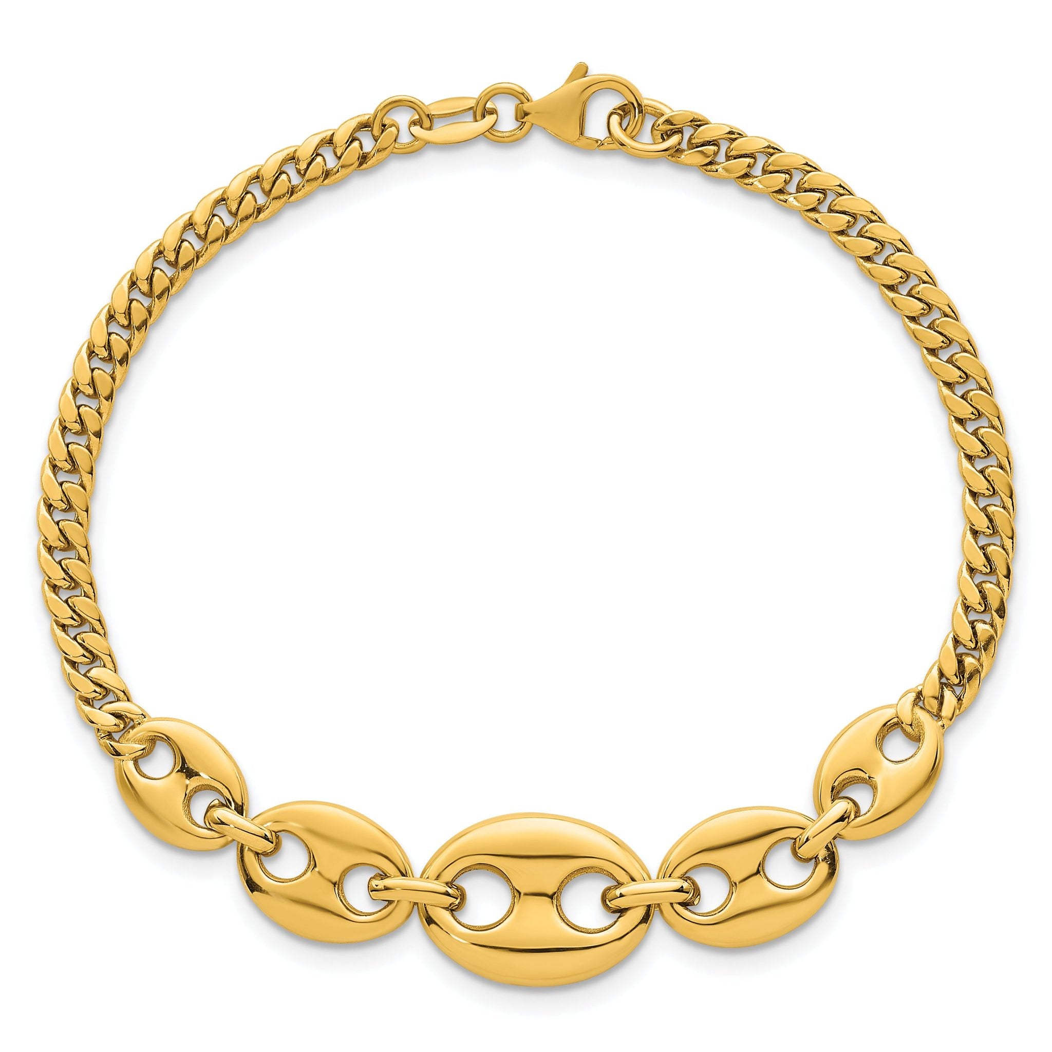 14k Polished Graduated Puffed Mariner and Curb Link 7 inch Bracelet