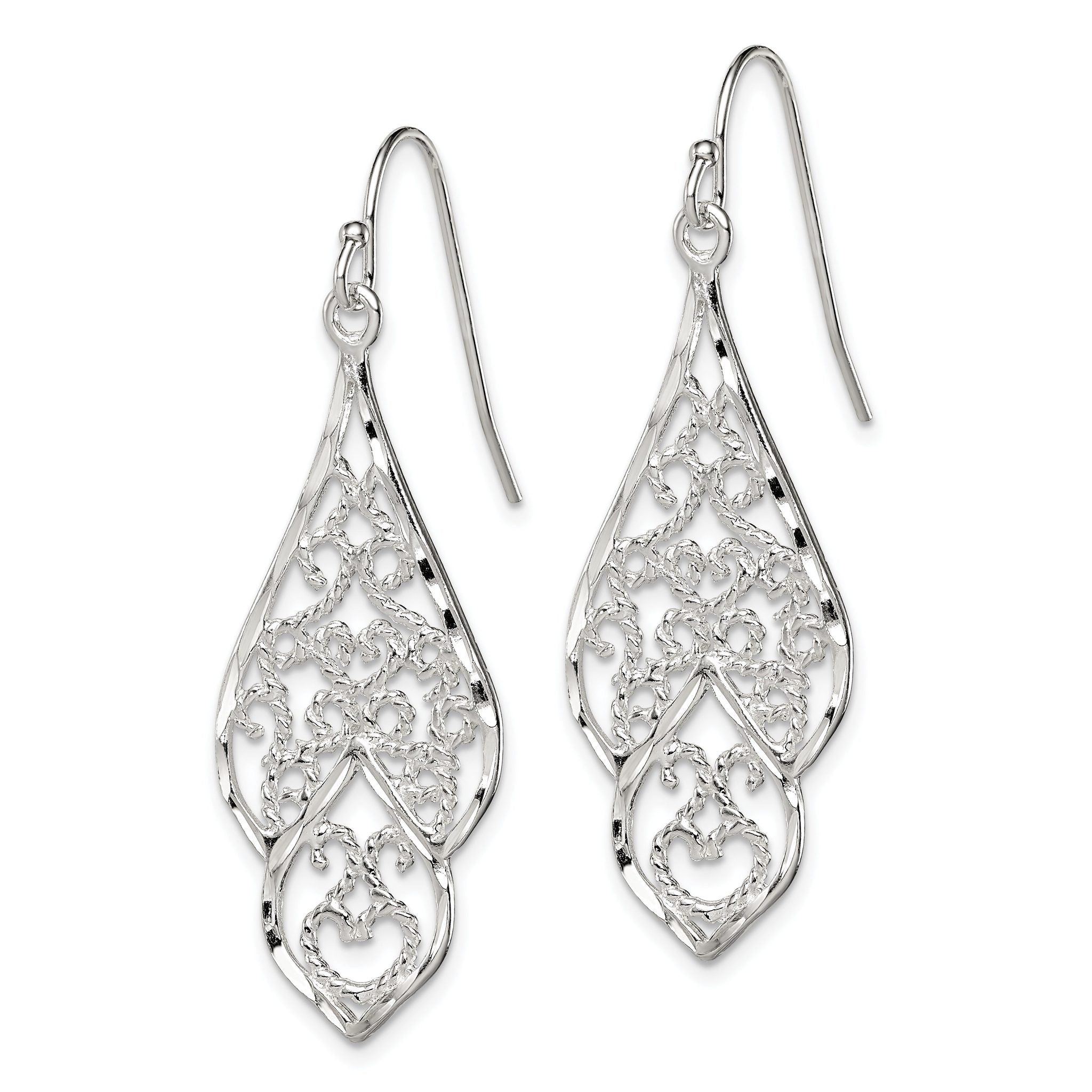 Sterling Silver Polished & Diamond-cut Fancy Filigree Dangle Earrings Secondary image