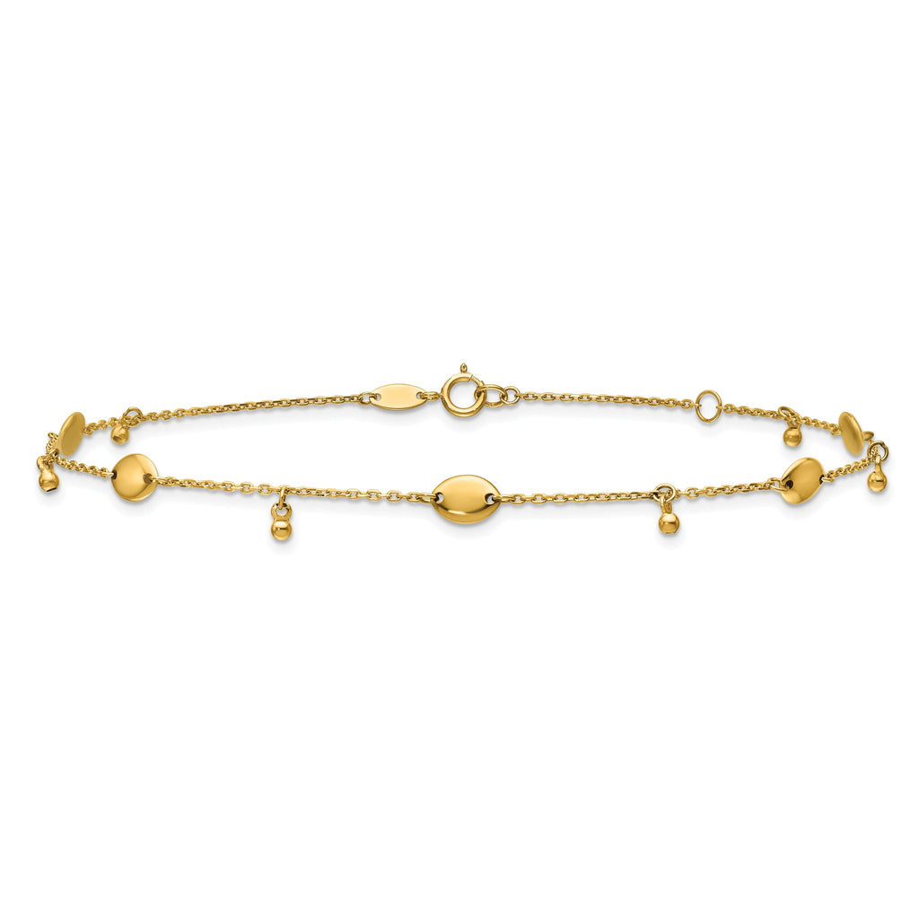 14K Oval and Bead Dangle 9 inch Plus 1 inch Extender - Total 10 inch Anklet