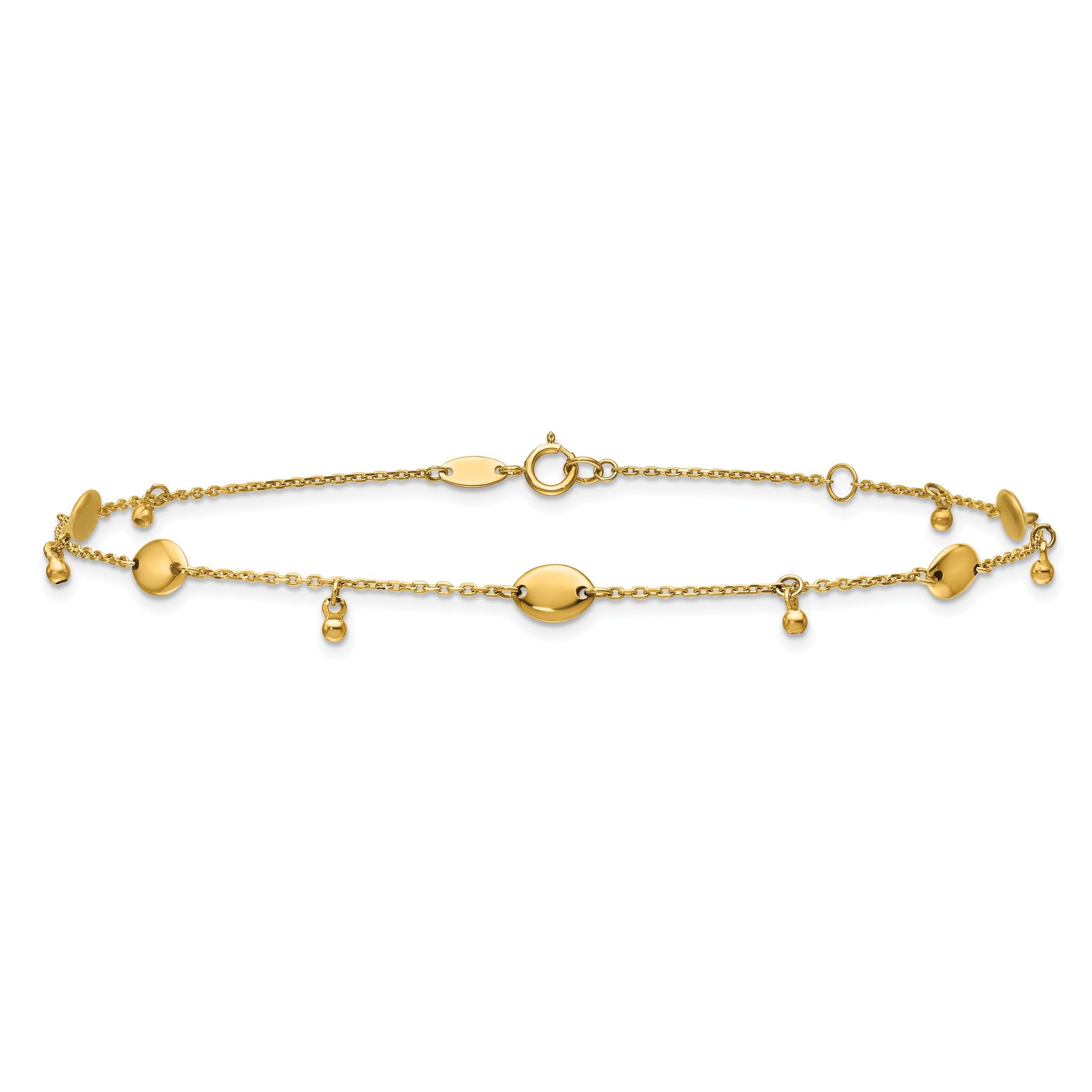 14K Oval and Bead Dangle 9 inch Plus 1 inch Extender - Total 10 inch Anklet