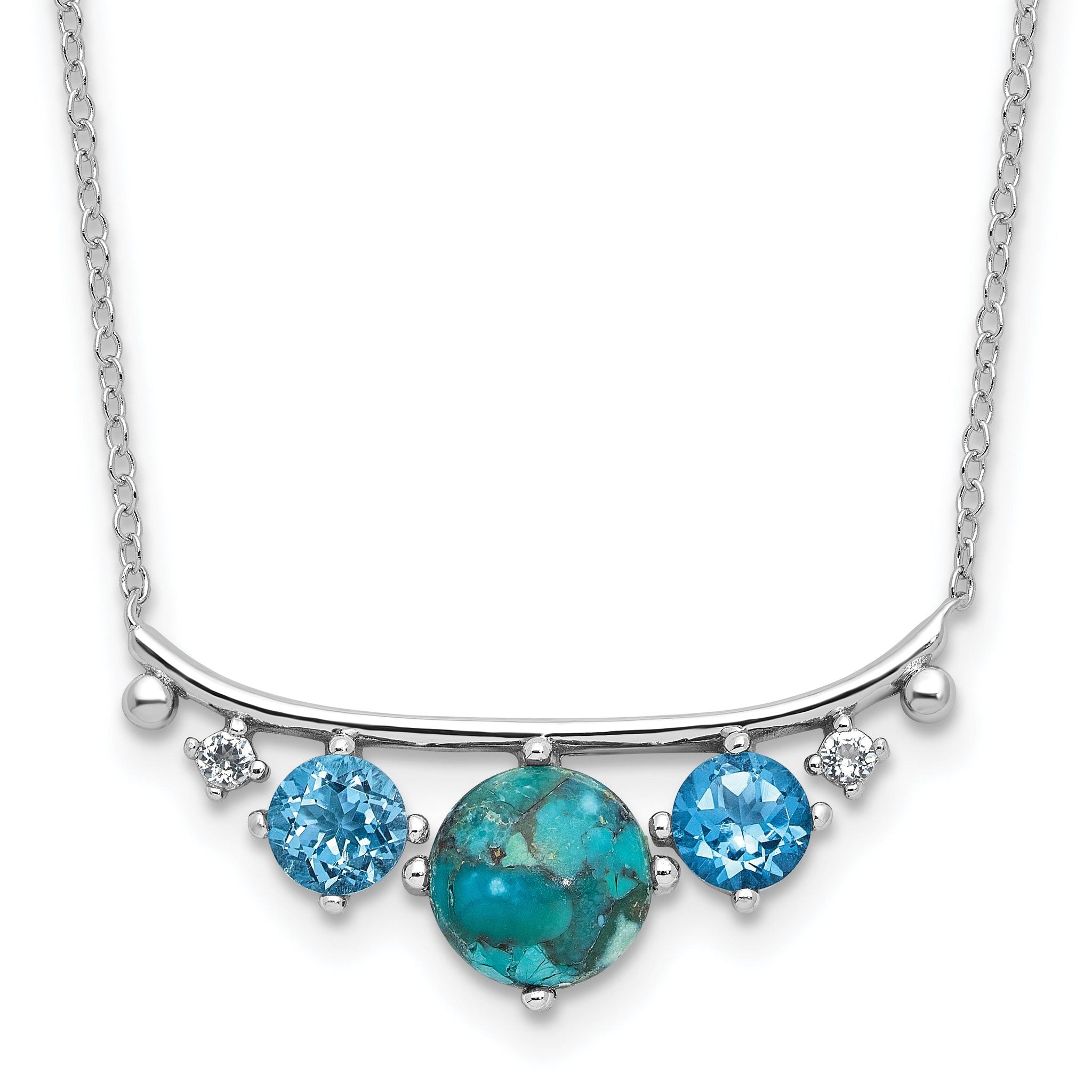 Sterling Silver  Rhodium-Plated-pl Multi Color CZ Reconstituted Turq. With 2 Inch Extention Necklac