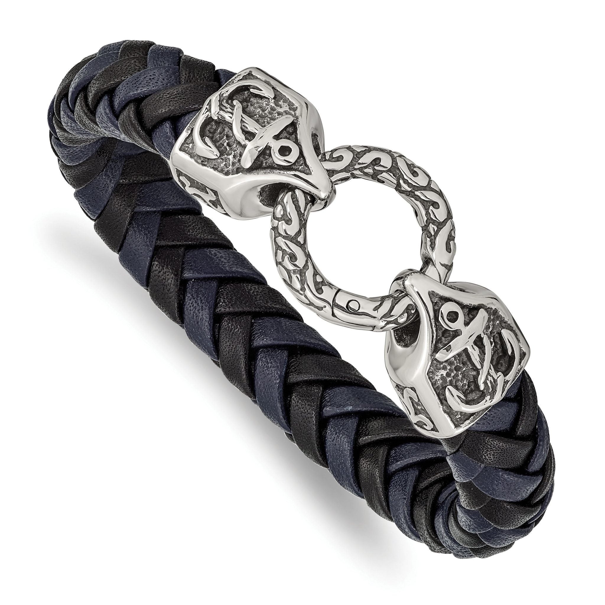 Stainless Steel Antiqued and Polished Black and Blue Braided Leather Bracelet for Men