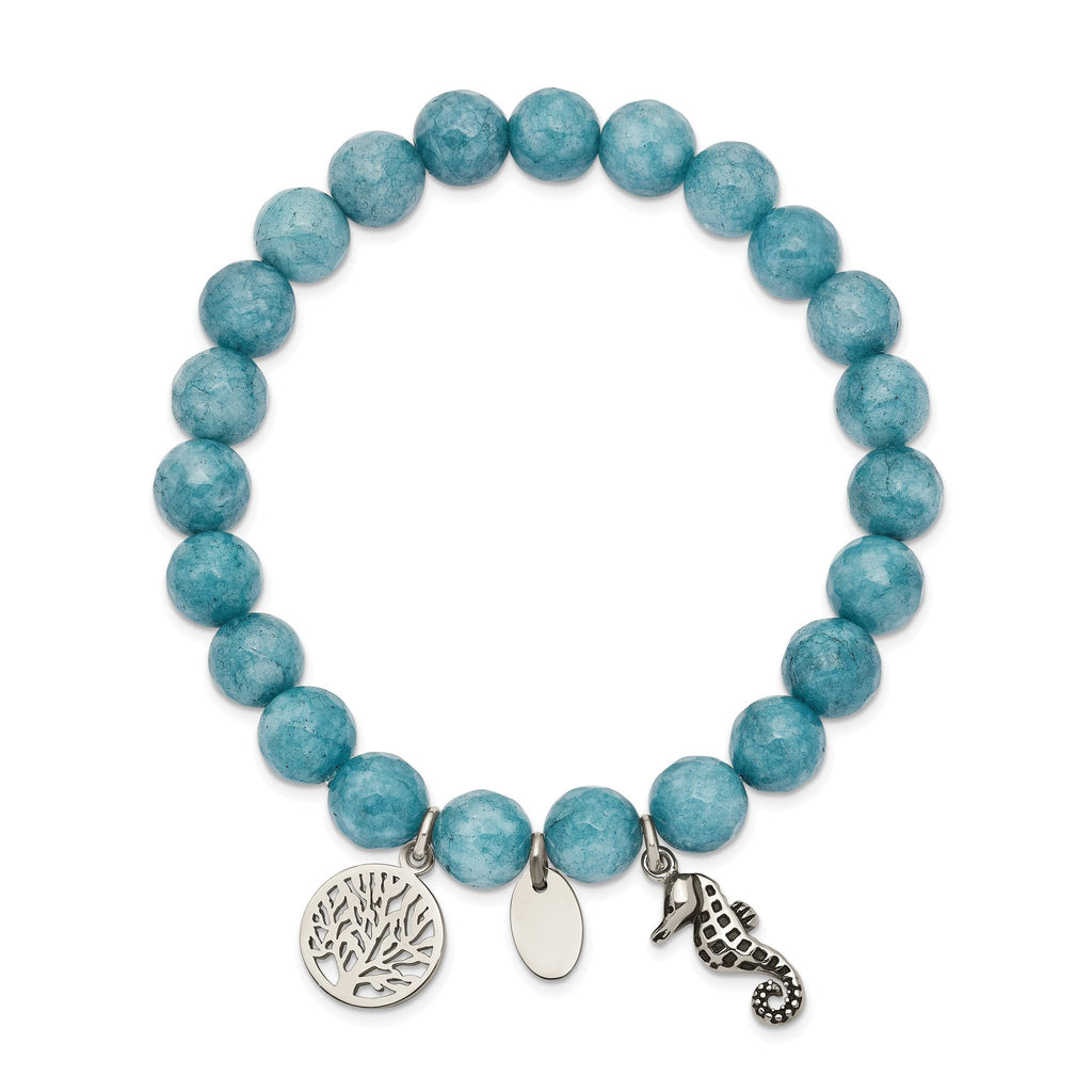 Stainless Steel Antiqued and Polished Seahorse and Tree of Life 8mm Blue Dyed Jade Beaded Stretch Bracelet for Women