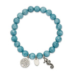 Stainless Steel Antiqued and Polished Seahorse and Tree of Life 8mm Blue Dyed Jade Beaded Stretch Bracelet for Women