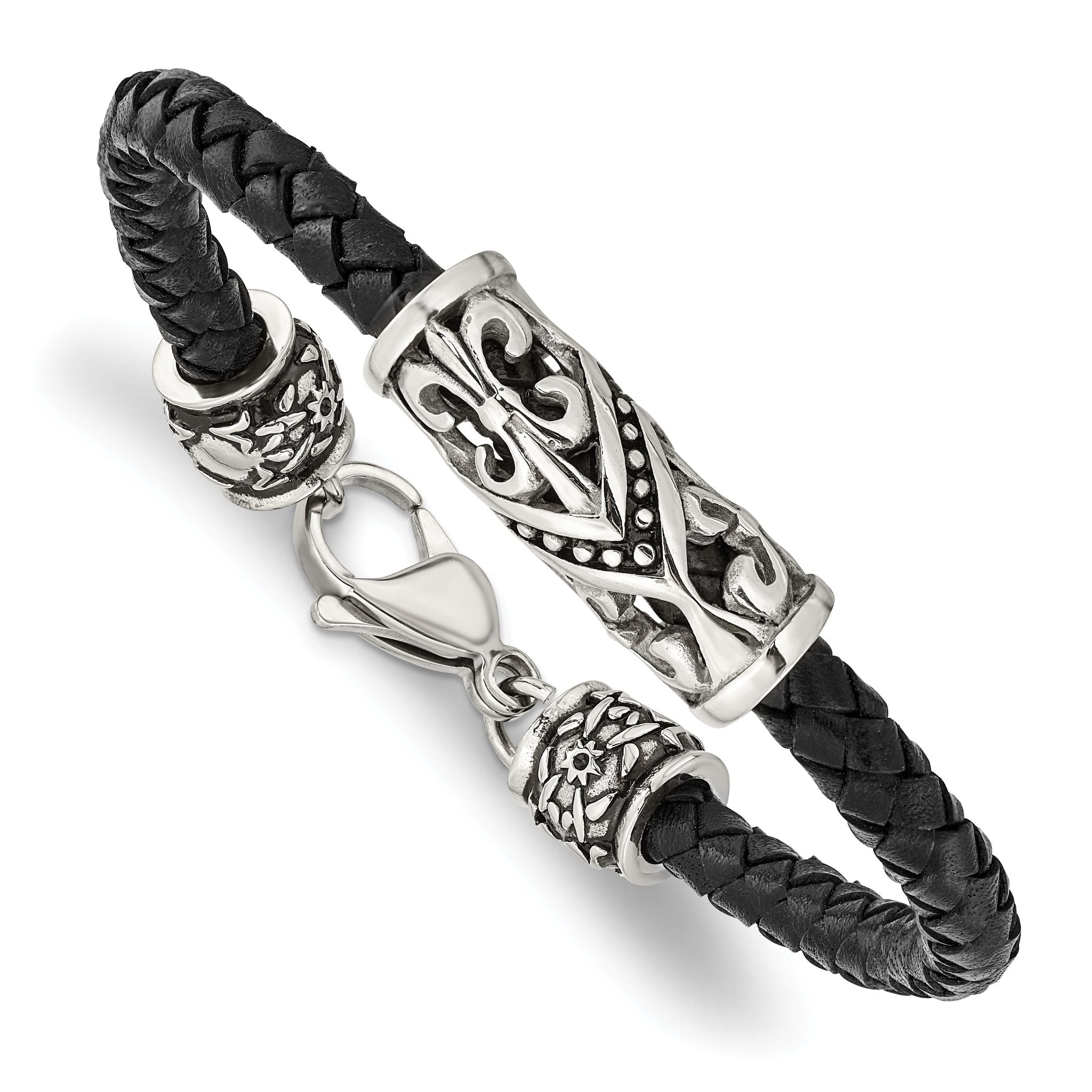 Stainless Steel Antiqued Polished and Textured Fleur de Lis Black Braided Leather Bracelet for Men Main image