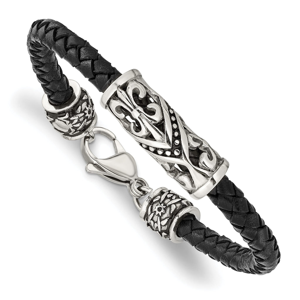 Stainless Steel Antiqued Polished and Textured Fleur de Lis Black Braided Leather Bracelet for Men