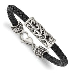 Stainless Steel Antiqued Polished and Textured Fleur de Lis Black Braided Leather Bracelet for Men