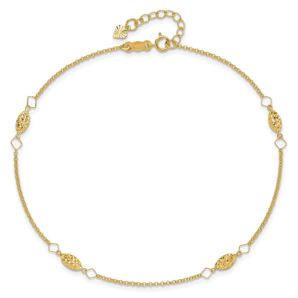 14K Diamond-cut Rice Puff Beads 4-Station 9 inch Plus 1 inch Extender - Total 10 inch Anklet