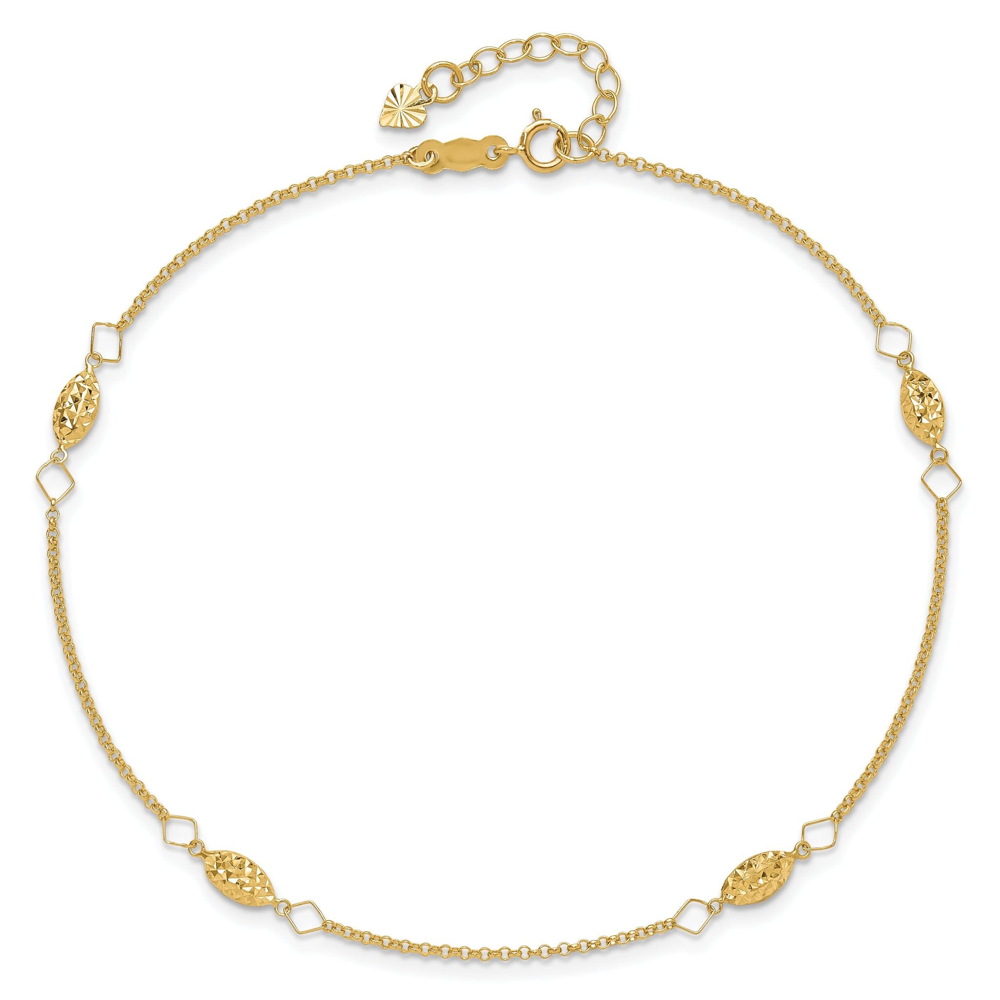 14K Diamond-cut Rice Puff Beads 4-Station 9 inch Plus 1 inch Extender - Total 10 inch Anklet