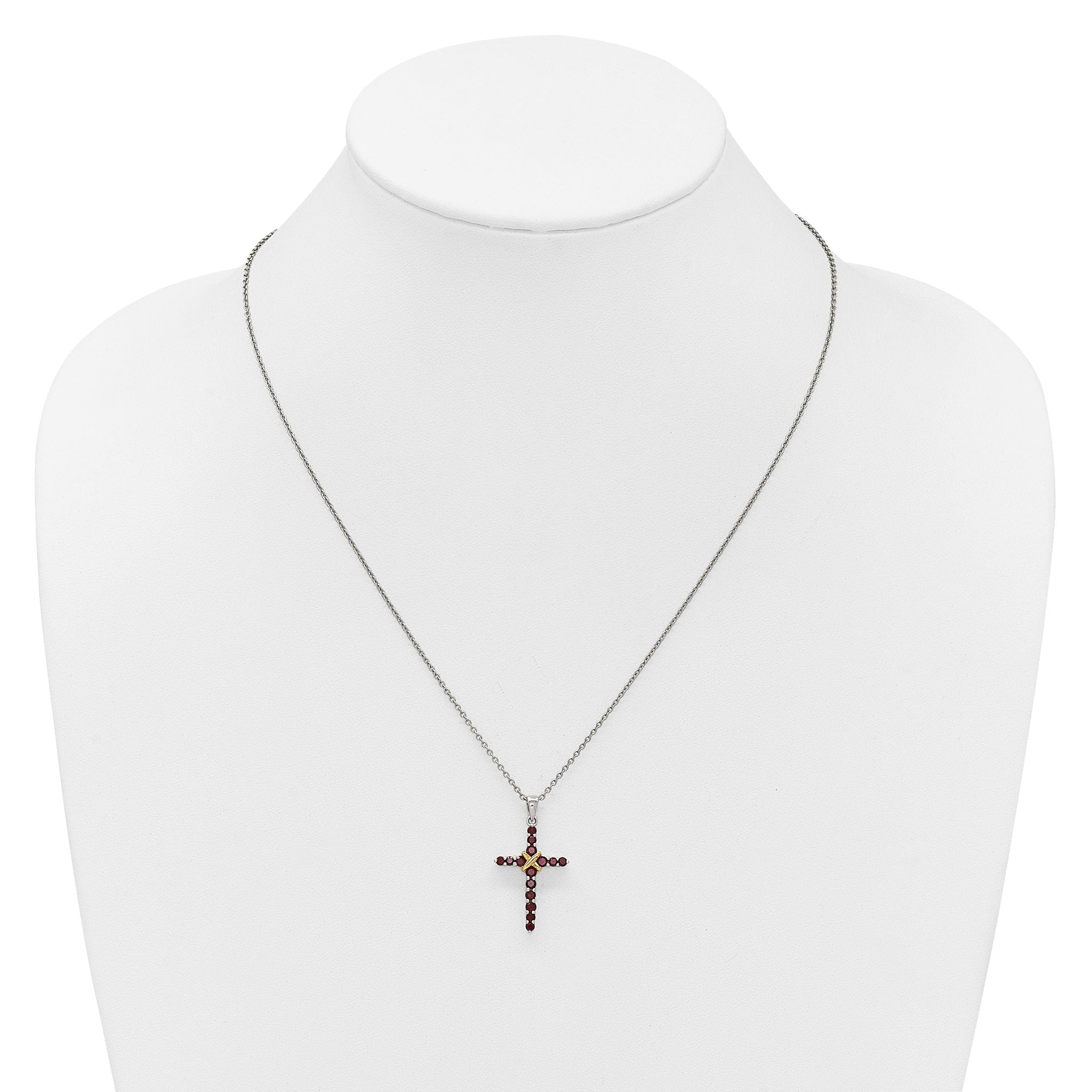 Shey Couture Sterling Silver Rhodium-plated with 14k -X- Accent Round Garnet Cross 18 inch with 2 inch Extension Necklace