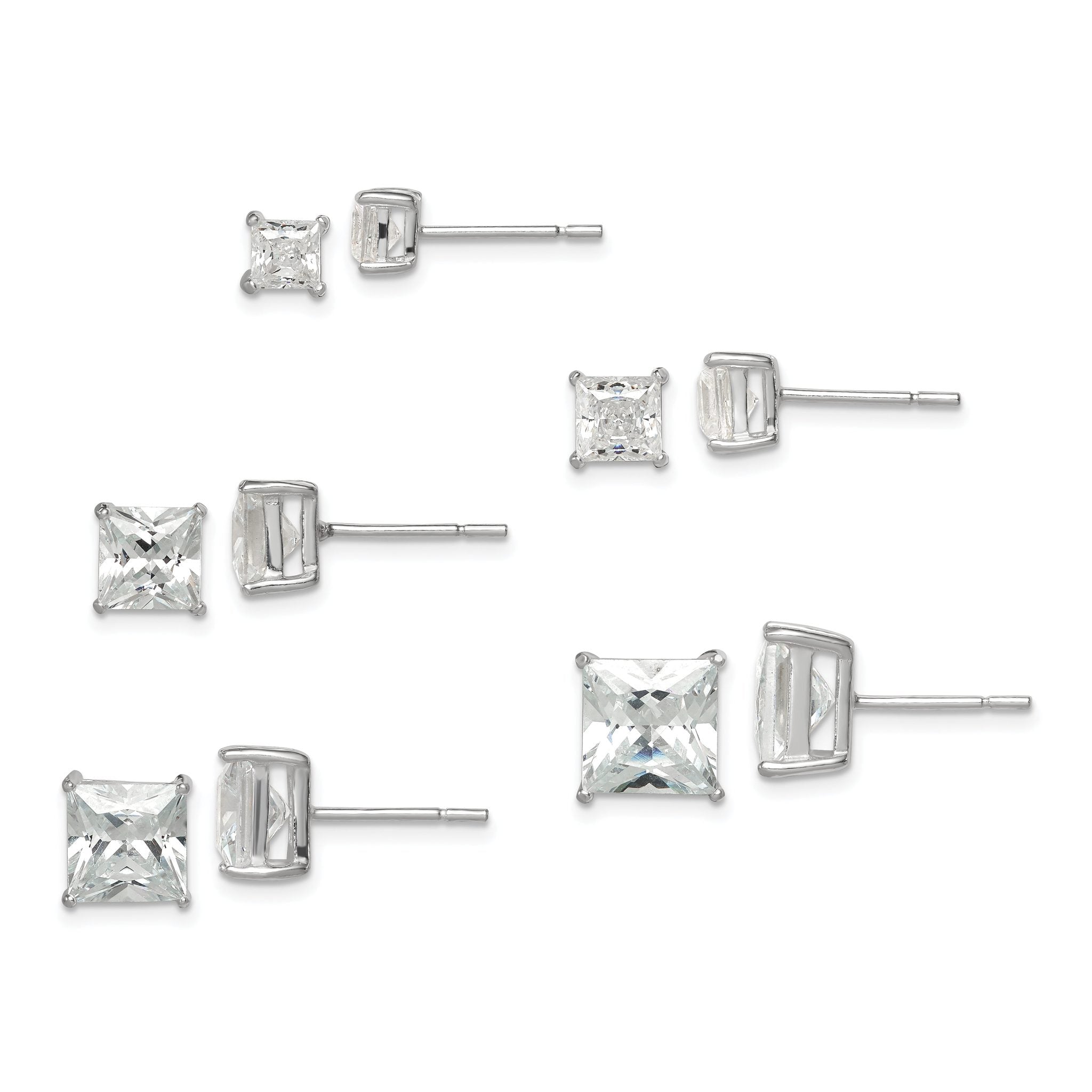 Sterling Silver Polished Square CZ 5-Pair Post Earrings Set Main image