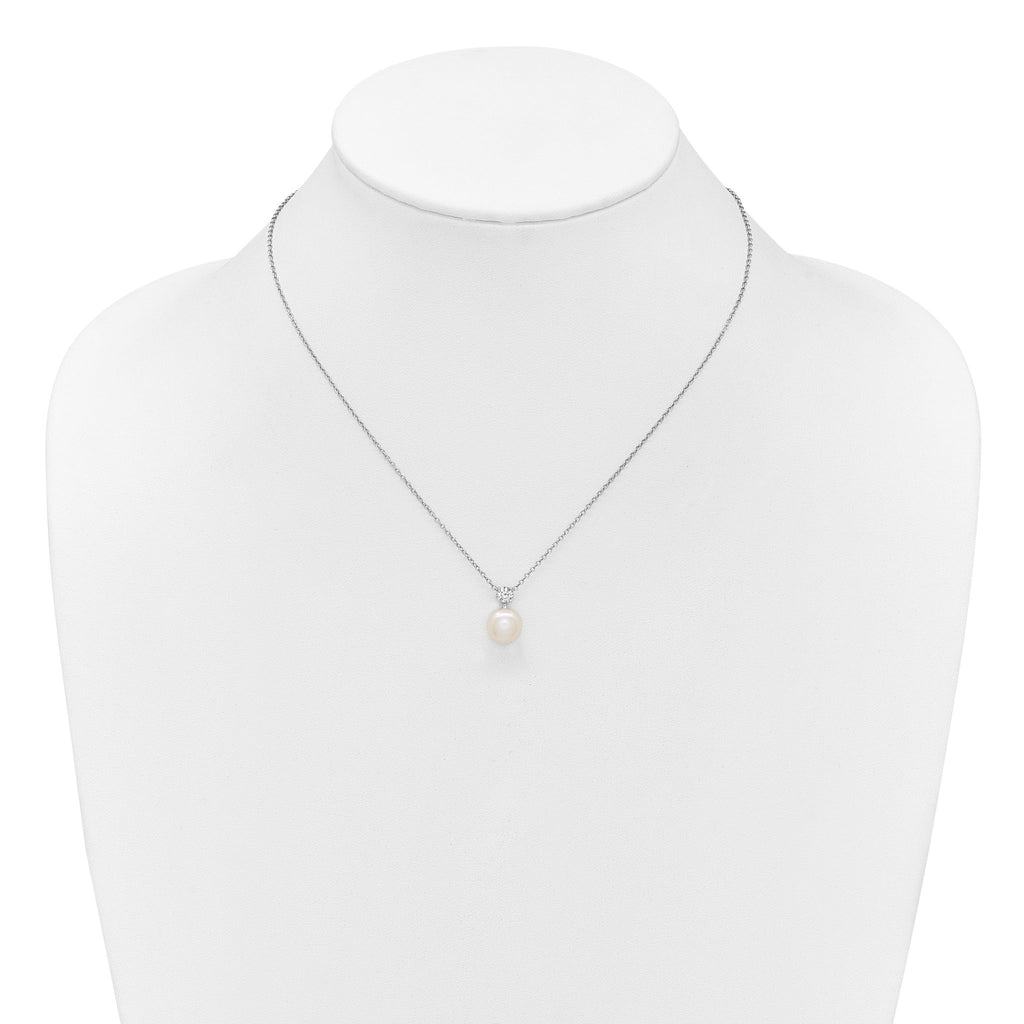 Sterling Silver Rhodium-plated 7-9mm Button White Freshwater Cultured Pearl and CZ 17 inch Necklace and Post Earring Set