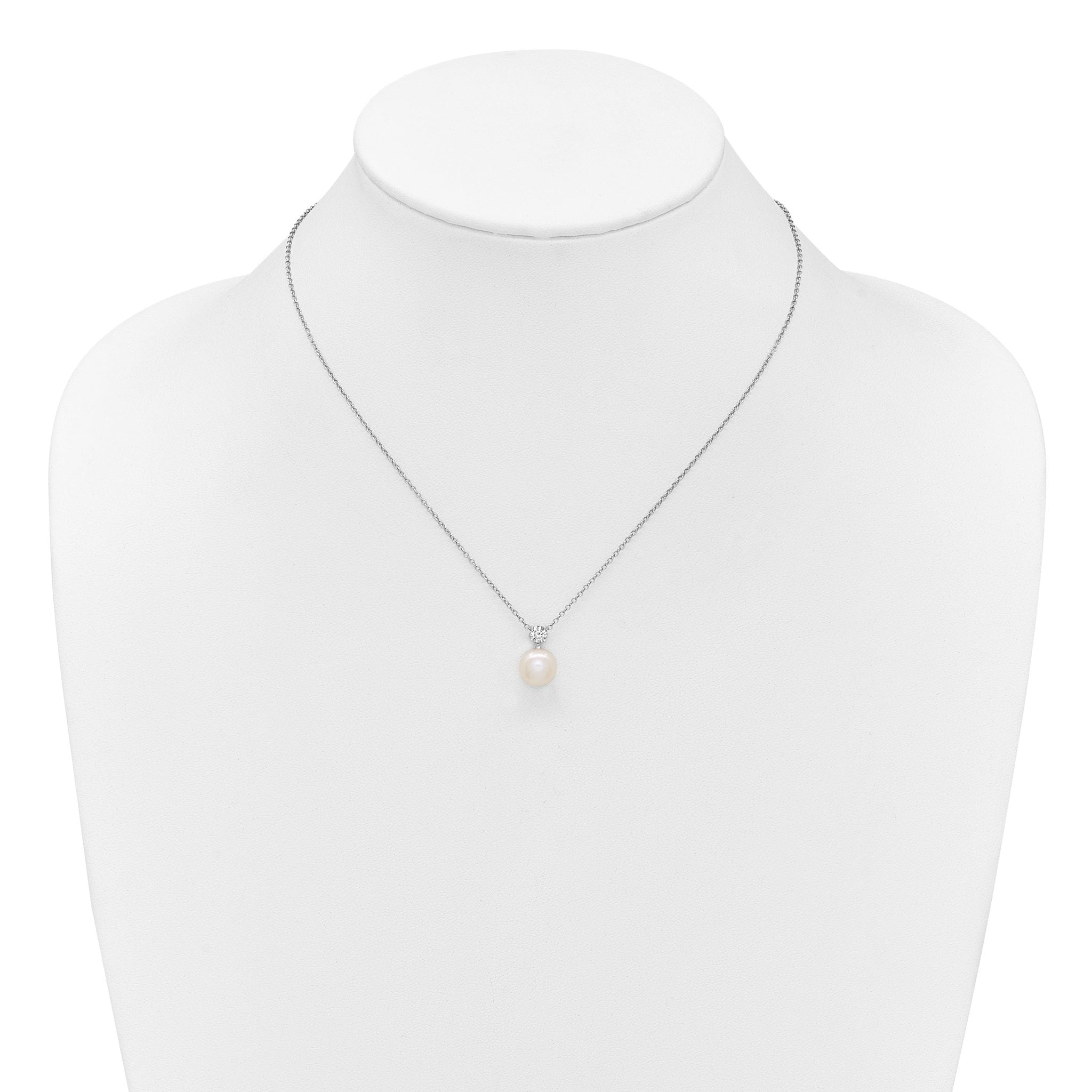 Sterling Silver Rhodium-plated 7-9mm Button White Freshwater Cultured Pearl and CZ 17 inch Necklace and Post Earring Set