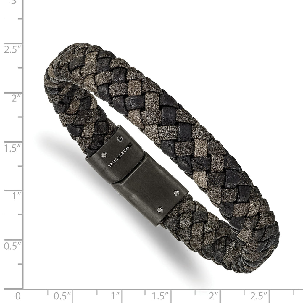 Stainless Steel Brushed Gun Metal IP-plated Brown Braided Leather Bracelet for Men