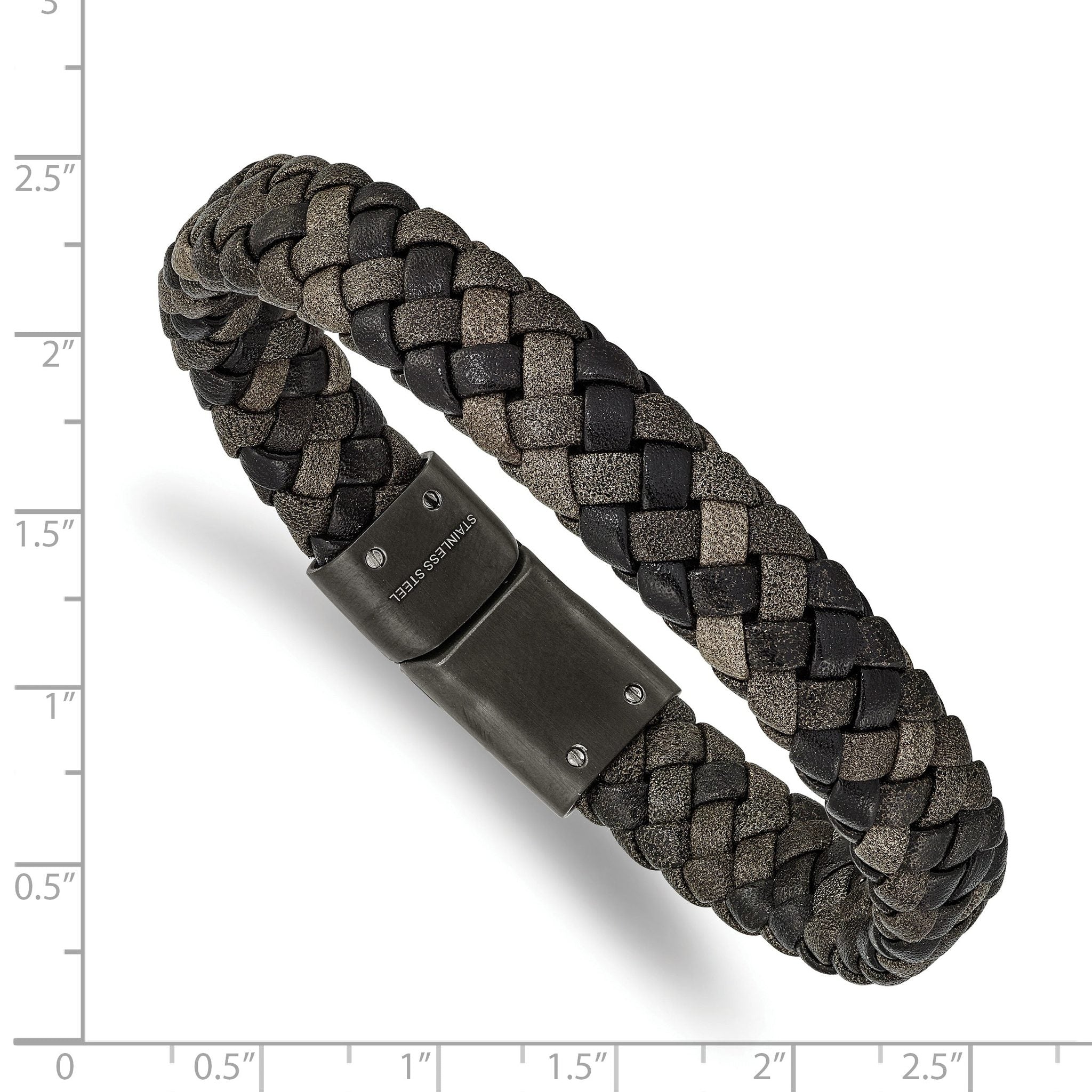 Stainless Steel Brushed Gun Metal IP-plated Brown Braided Leather Bracelet for Men