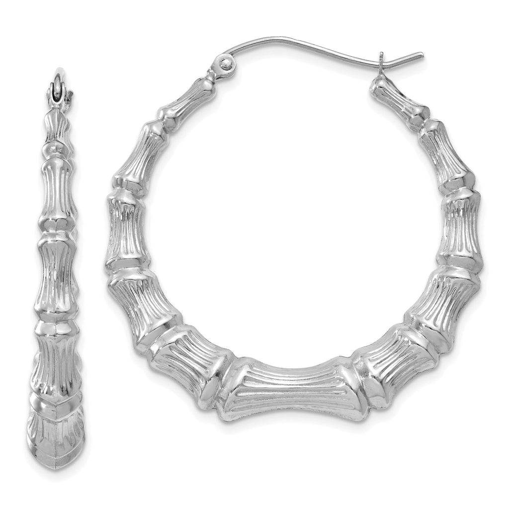 14K White Gold Polished Bamboo Hoop Earrings for Women