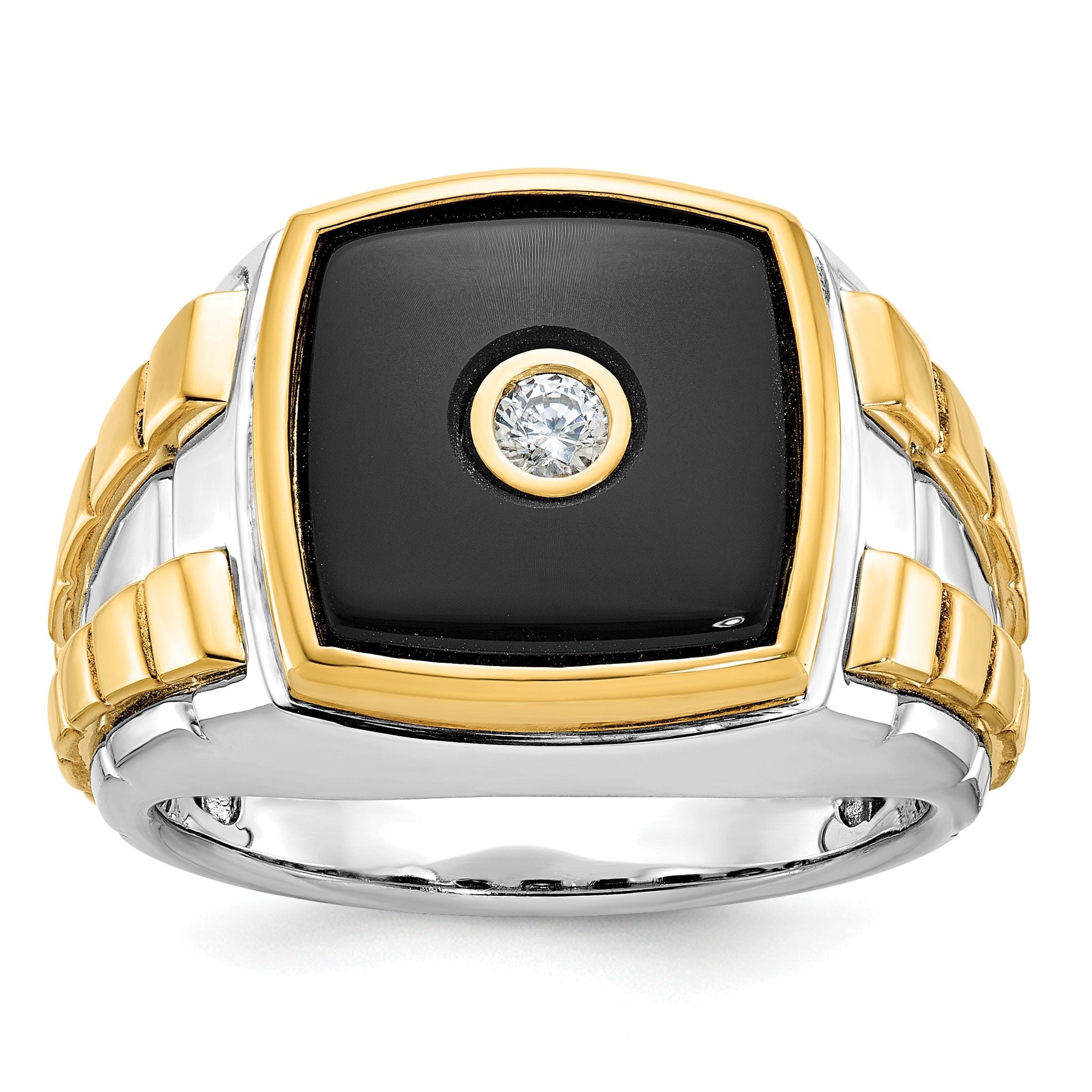 14k Two-tone Mens Cushion Onyx and 1/10 carat Diamond Complete Ring Main image