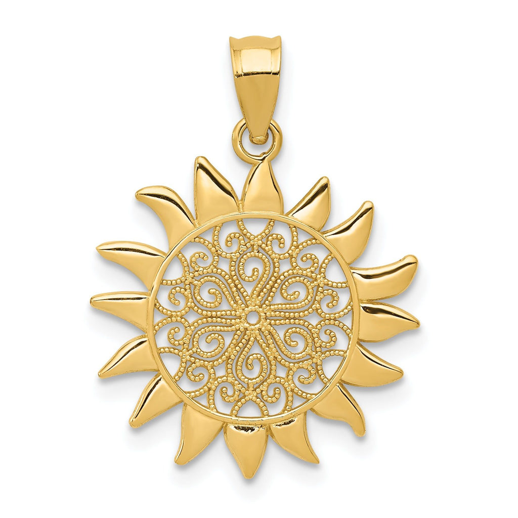 14K Gold Polished Filigree Sun Pendant with Textured Design by Sophia Jewelers