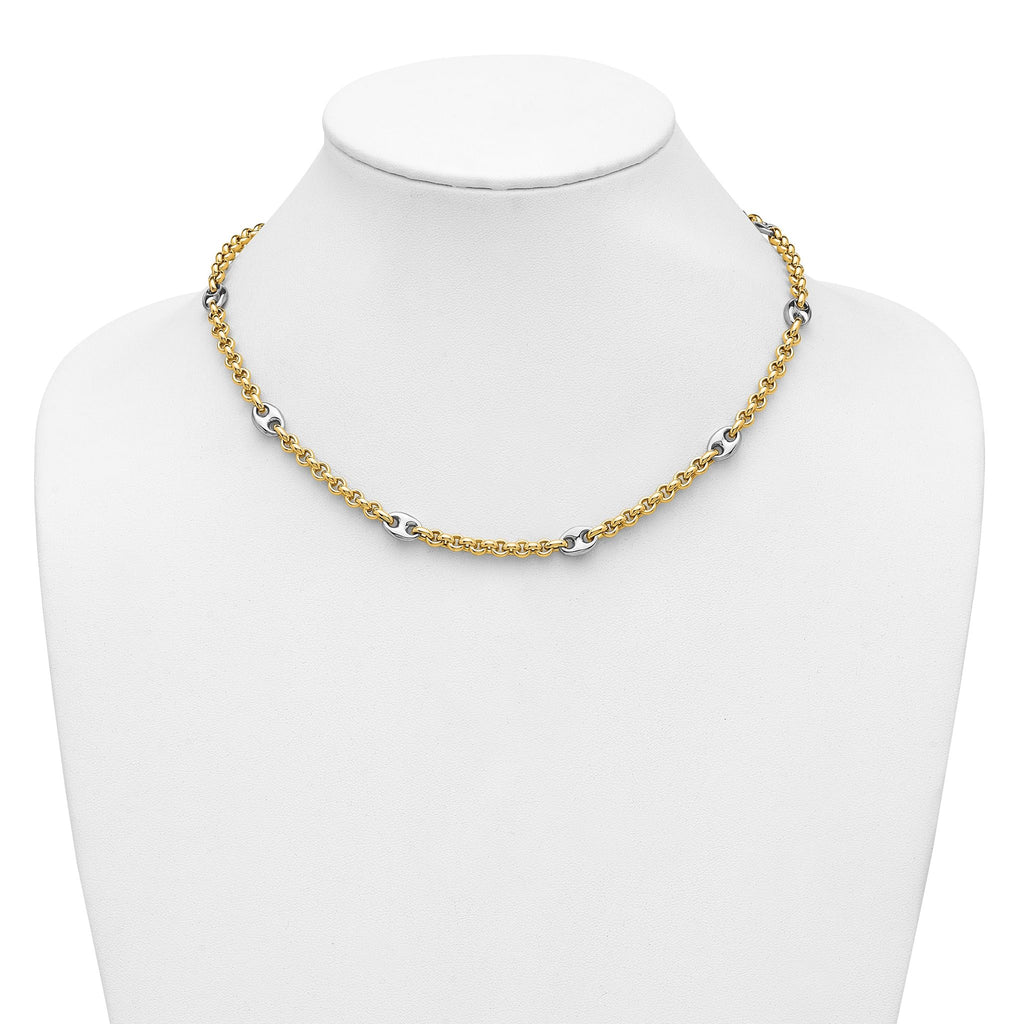 14K Two-tone Polished Fancy Puffed Mariner Link Necklace