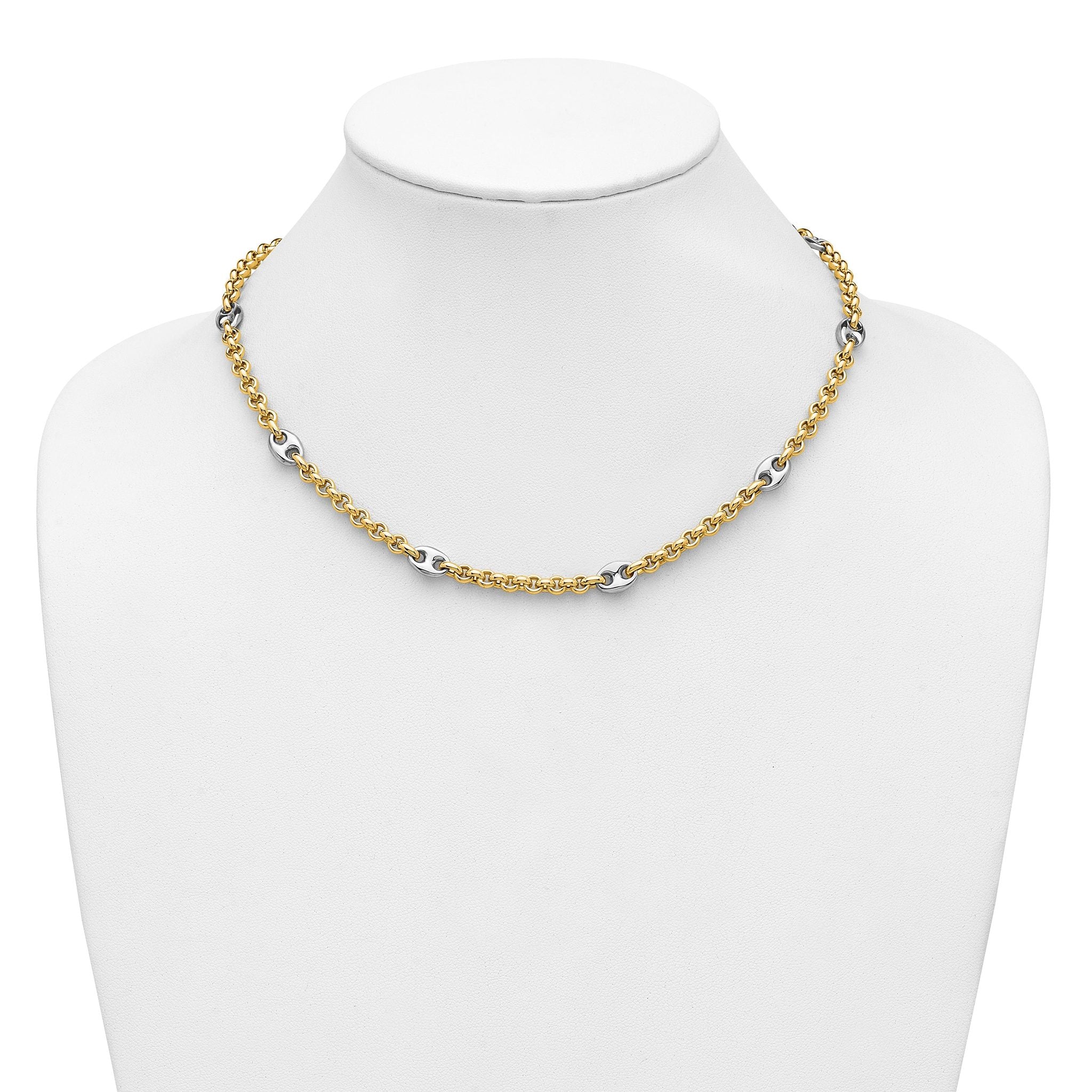 14K Two-tone Polished Fancy Puffed Mariner Link Necklace