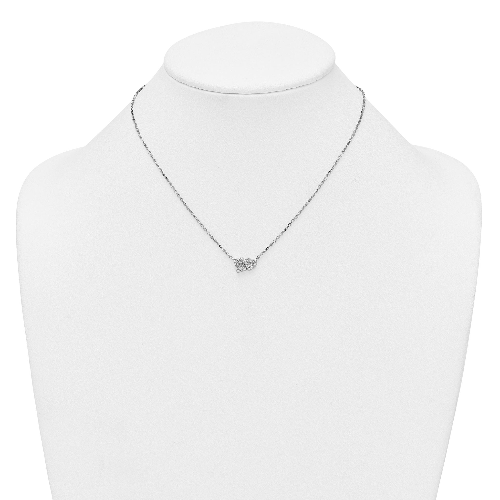 Sterling Silver Rhodium-plated Polished Heart and Rectangle with Round and Baguette CZ 16 Inch with 2 Inch Extension Necklace