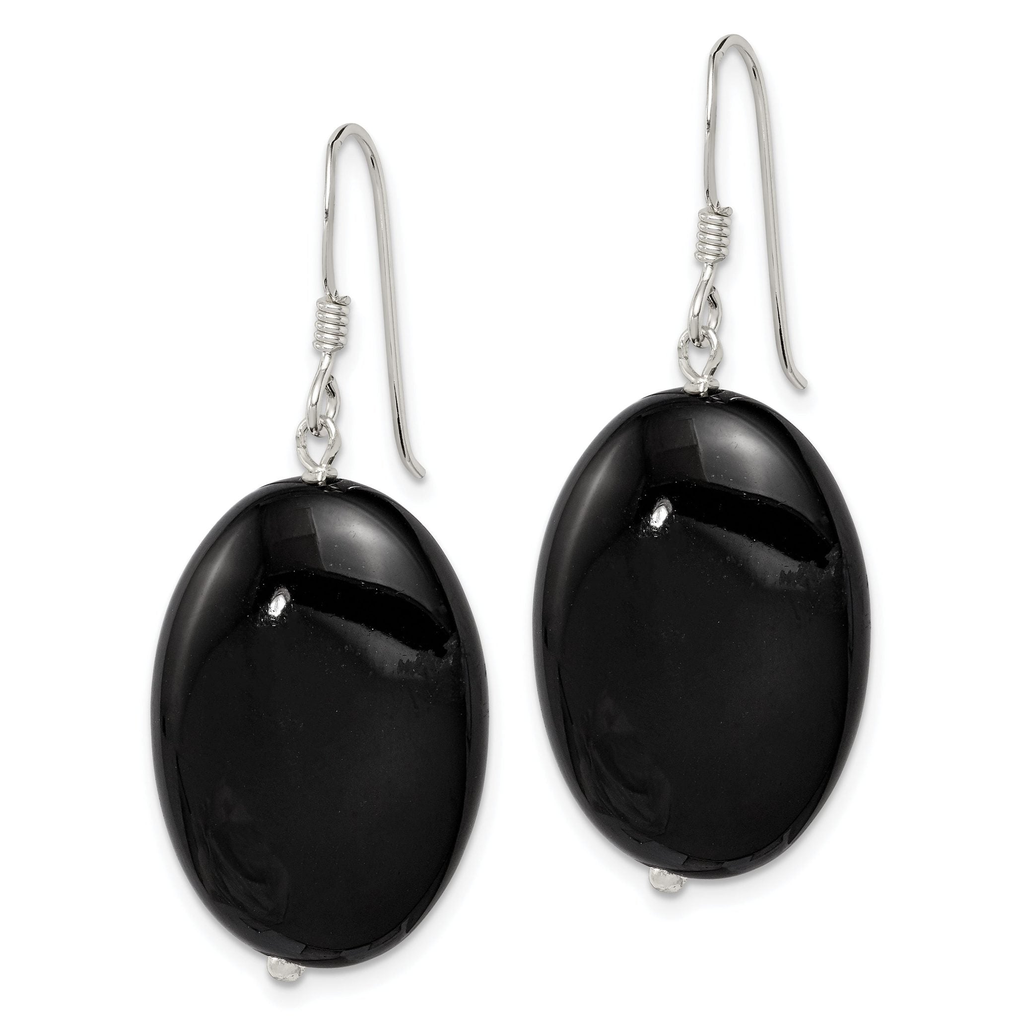 Sterling Silver Polished Black Agate Oval Dangle Earrings Secondary image