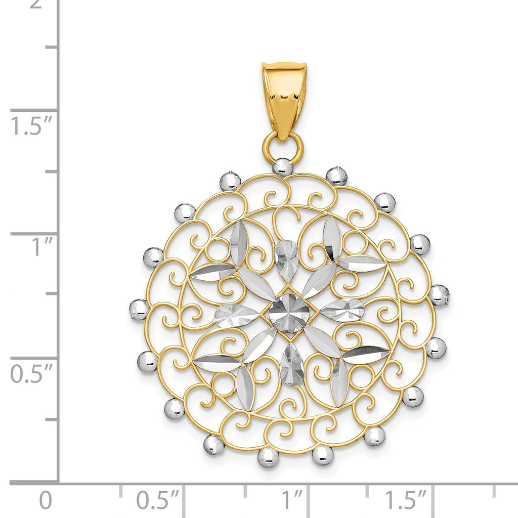 14K White Rhodium Diamond-Cut Filigree Pendant in Elegant Yellow Gold