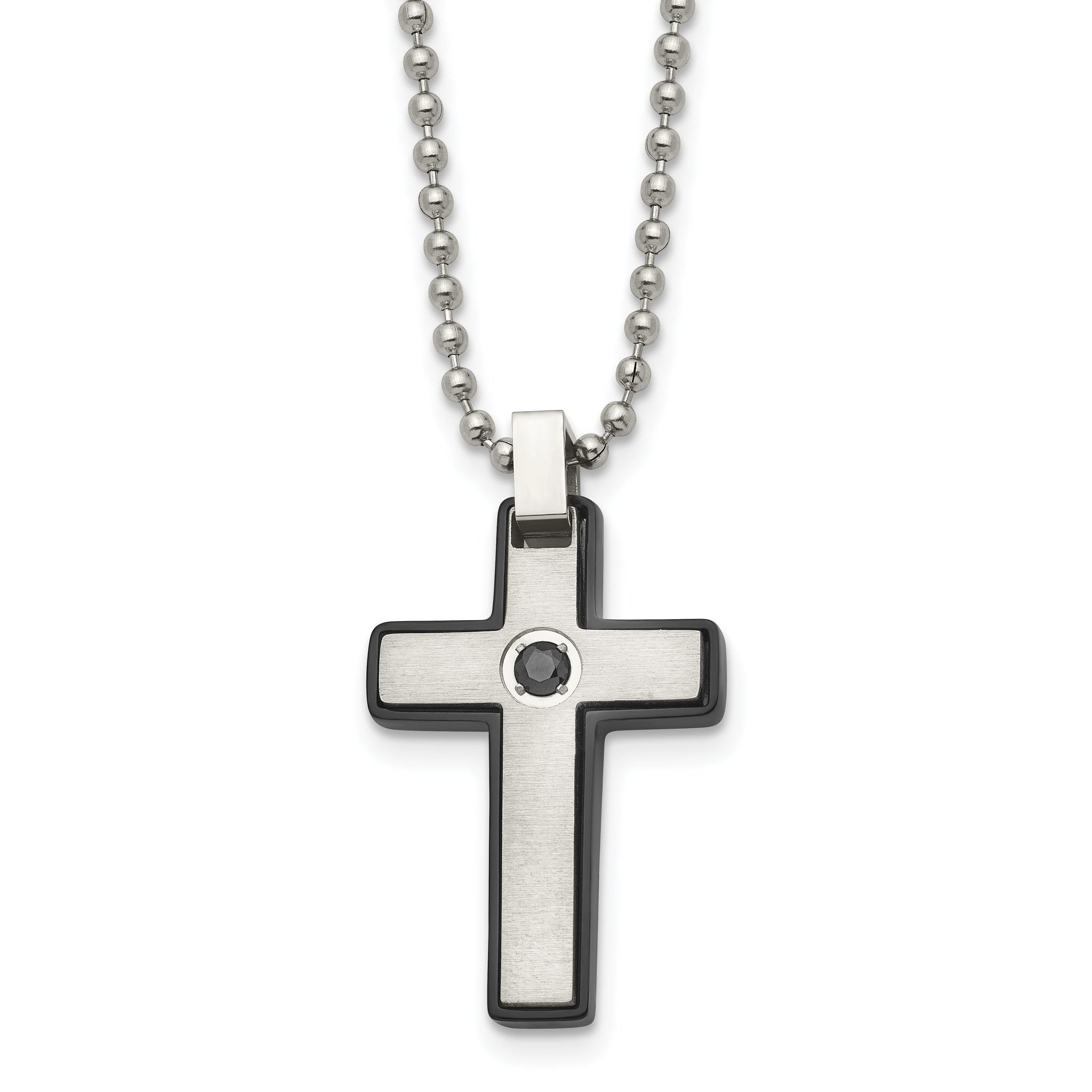 Chisel Stainless Steel Brushed and Polished Black IP-plated CZ Cross Pendant on a 20 inch Ball Chain Necklace Main image