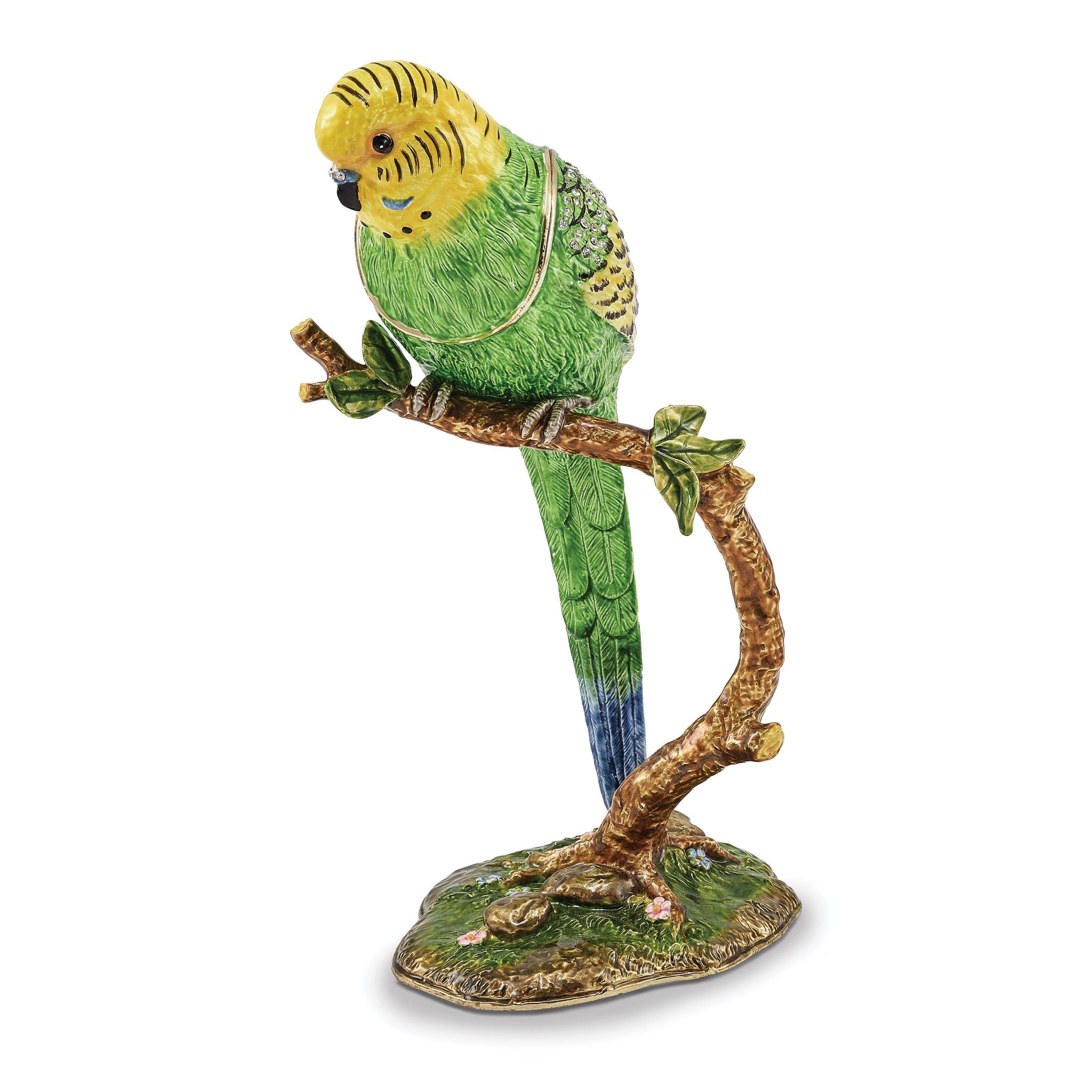 Luxury Giftware Pewter Bejeweled Crystals Gold-tone Enameled PACO Large Parakeet Parrot Trinket Box with Matching 18 Inch Necklace Main image