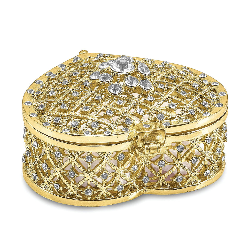 Luxury Giftware Pewter Bejeweled Crystals Gold-tone Enameled ROMANCE Filigree Heart With Ring Pad Trinket Box with Matching 18 Inch Necklace