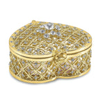 Luxury Giftware Pewter Bejeweled Crystals Gold-tone Enameled ROMANCE Filigree Heart With Ring Pad Trinket Box with Matching 18 Inch Necklace