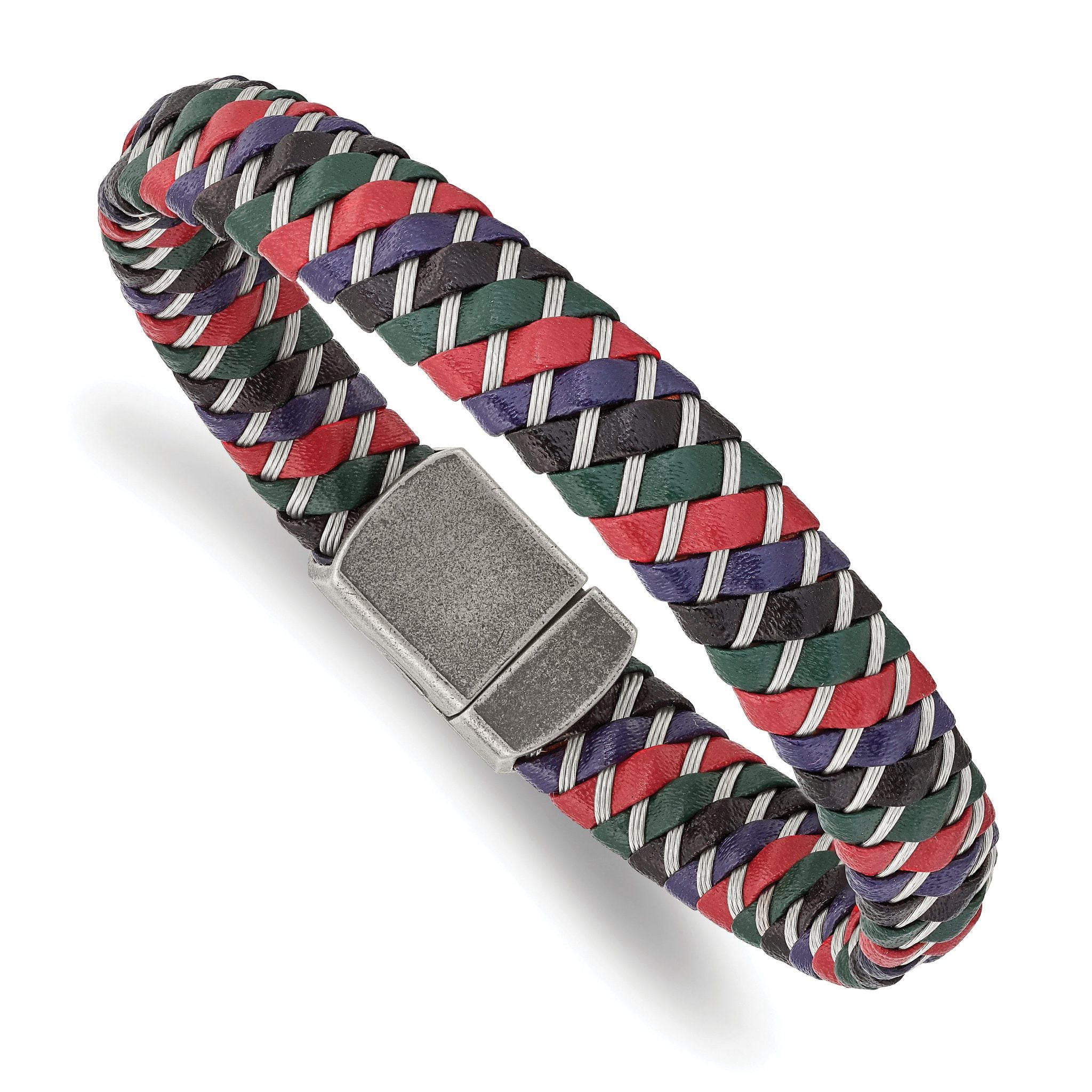 Stainless Steel Antiqued & Polished Multi-Color Leather with Wire Bracelet