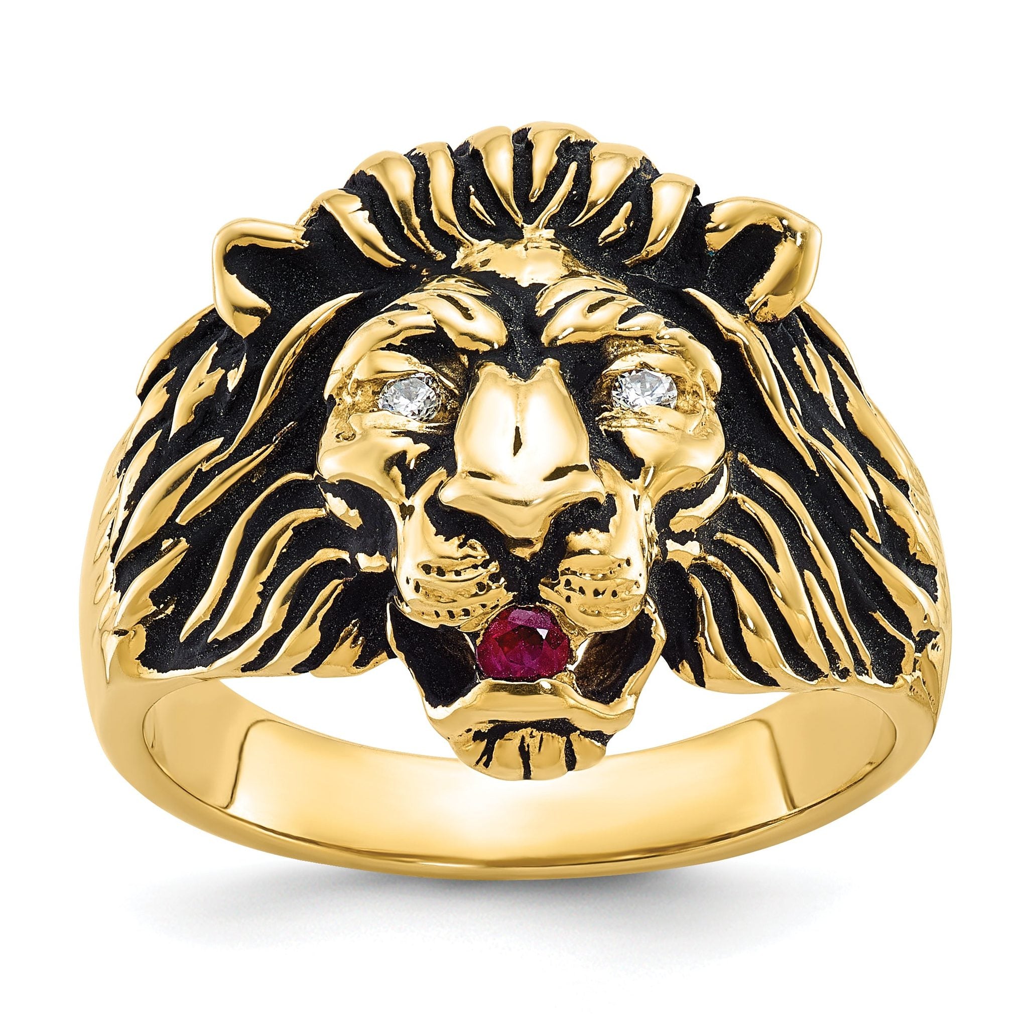 14k Mens 1/20 carat Diamond and Ruby Antiqued Lion Complete Ring Main image