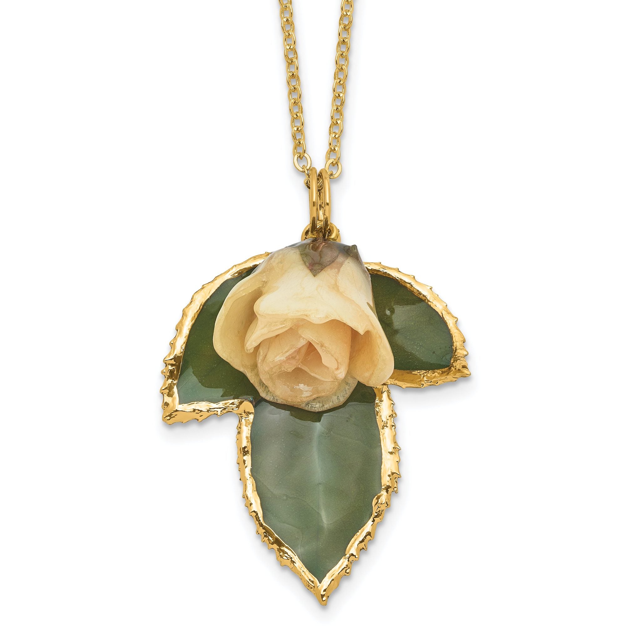 Lacquer Dipped White Real Rose on 24K Gold-trim Lacquer Dipped Leaf 20 inch Gold-tone Necklace Main image