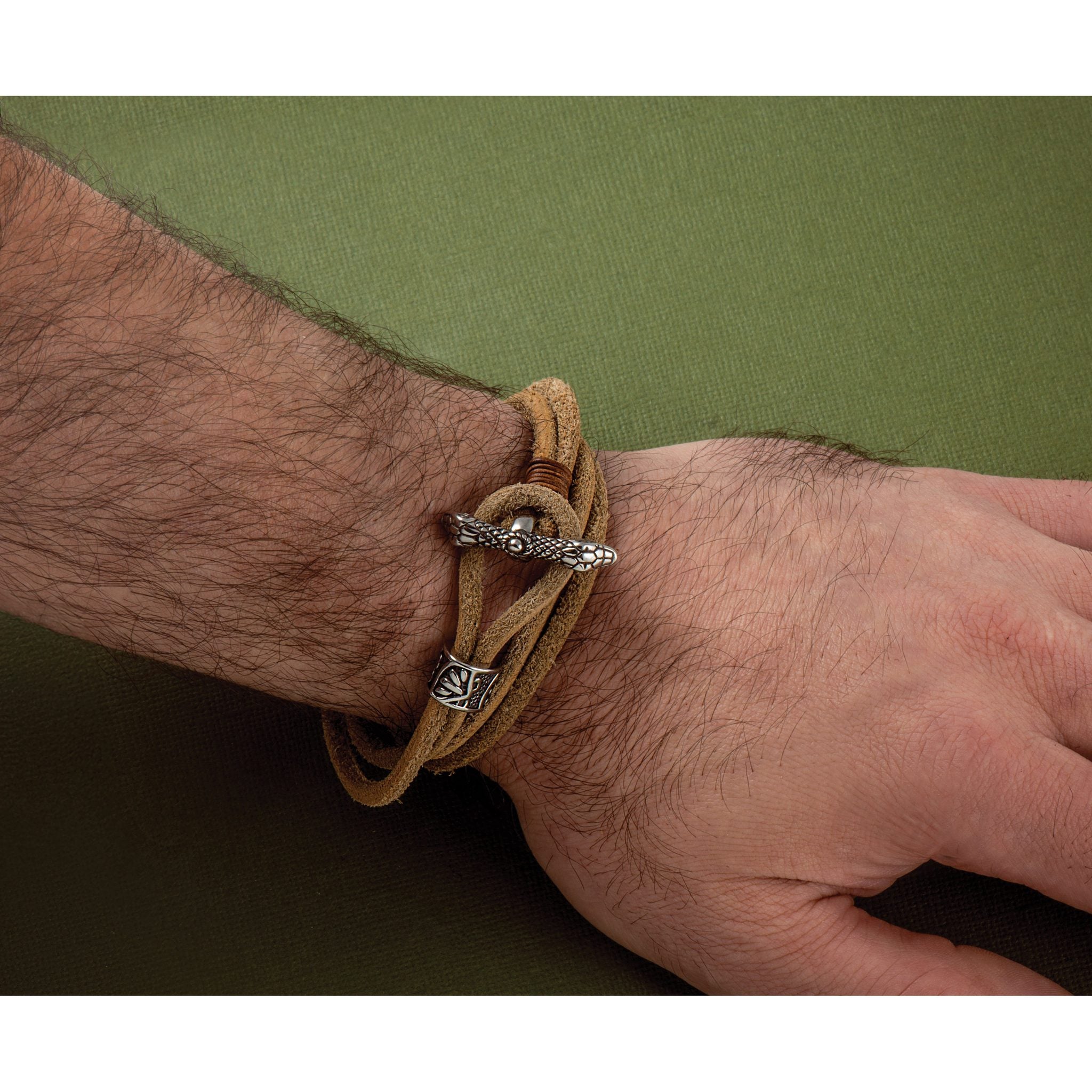 Stainless Steel Antiqued and Polished Snake Heads Tan Leather Wrap Bracelet