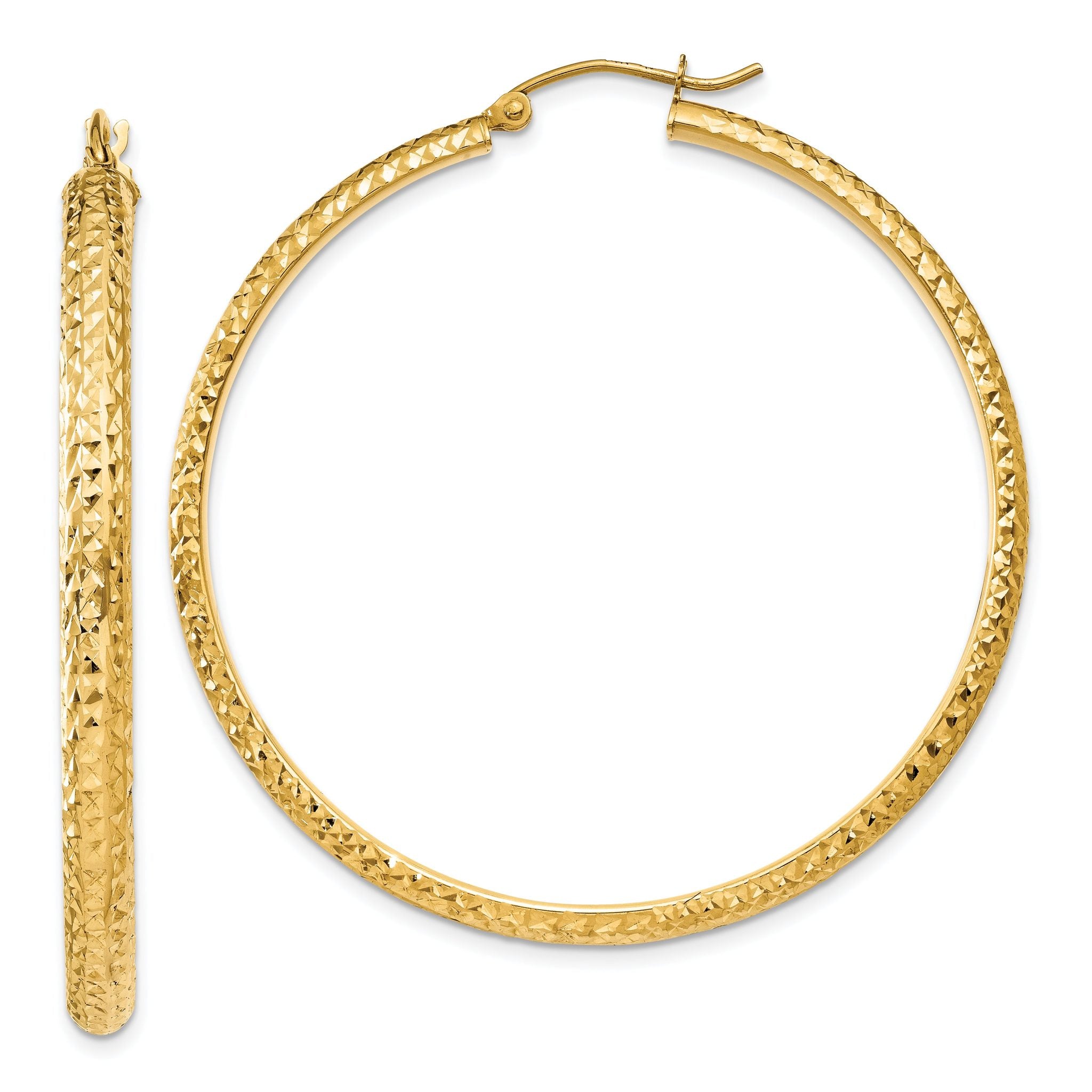 14K Diamond-cut 3.5x46mm Hollow Hoop Earrings