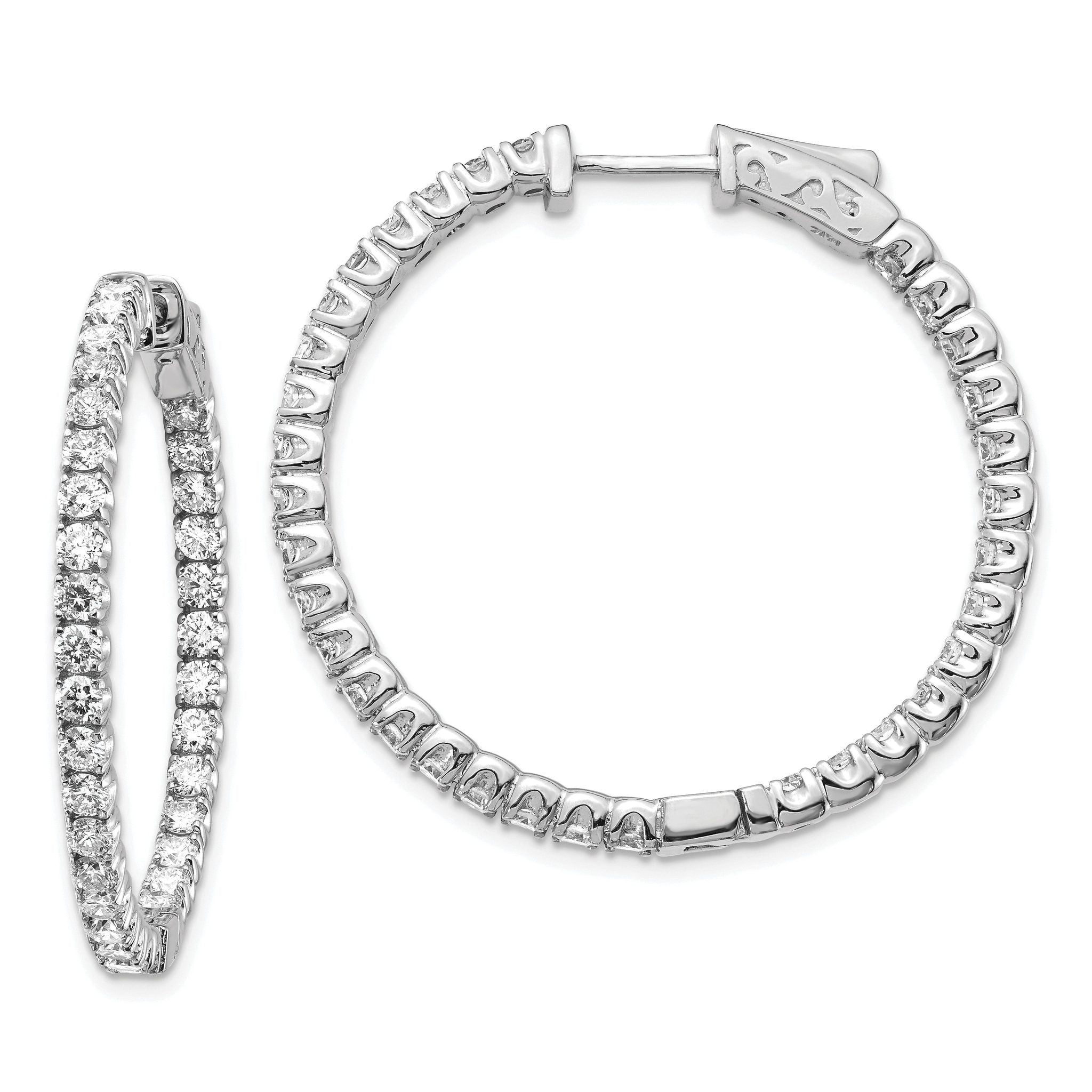 14k White Gold 3 1/3 carat Lab Grown Dia VS/SI+ G+ Round In and Out Safety Clasp Hoop Earrings