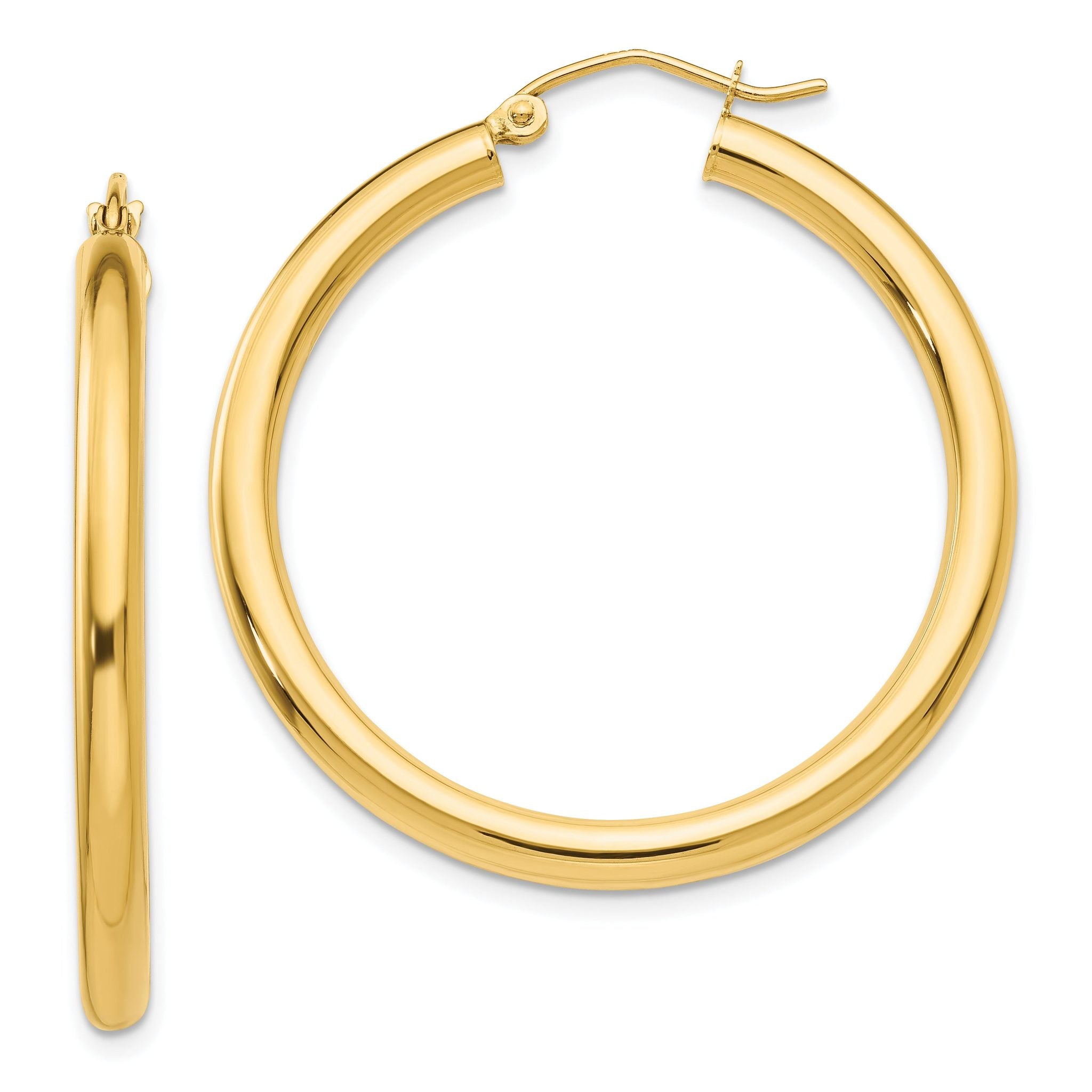 10K Gold Polished Hoop Earrings 3mm Tube Elegant Wire Closure
