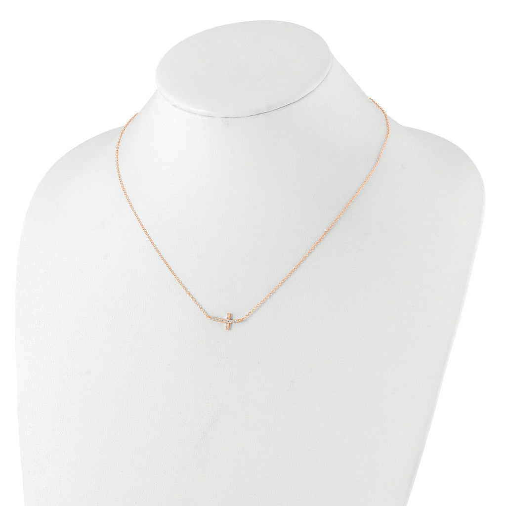 Sterling Silver Rose Gold-plated CZ Sideways Cross With 2in Ext Necklace