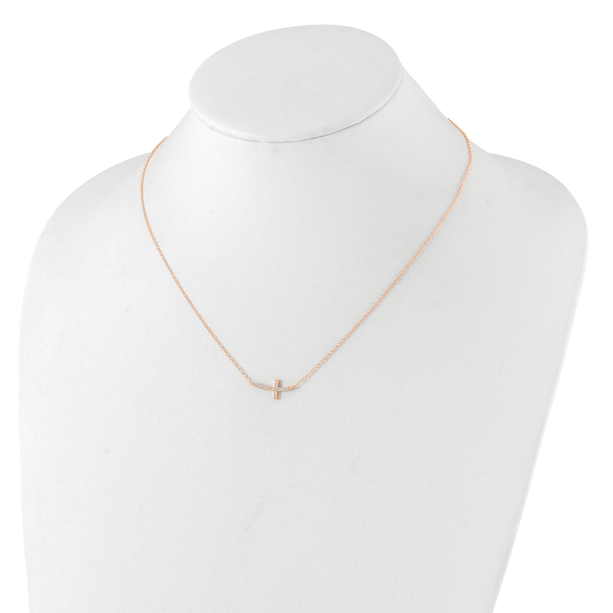 Sterling Silver Rose Gold-plated CZ Sideways Cross With 2in Ext Necklace