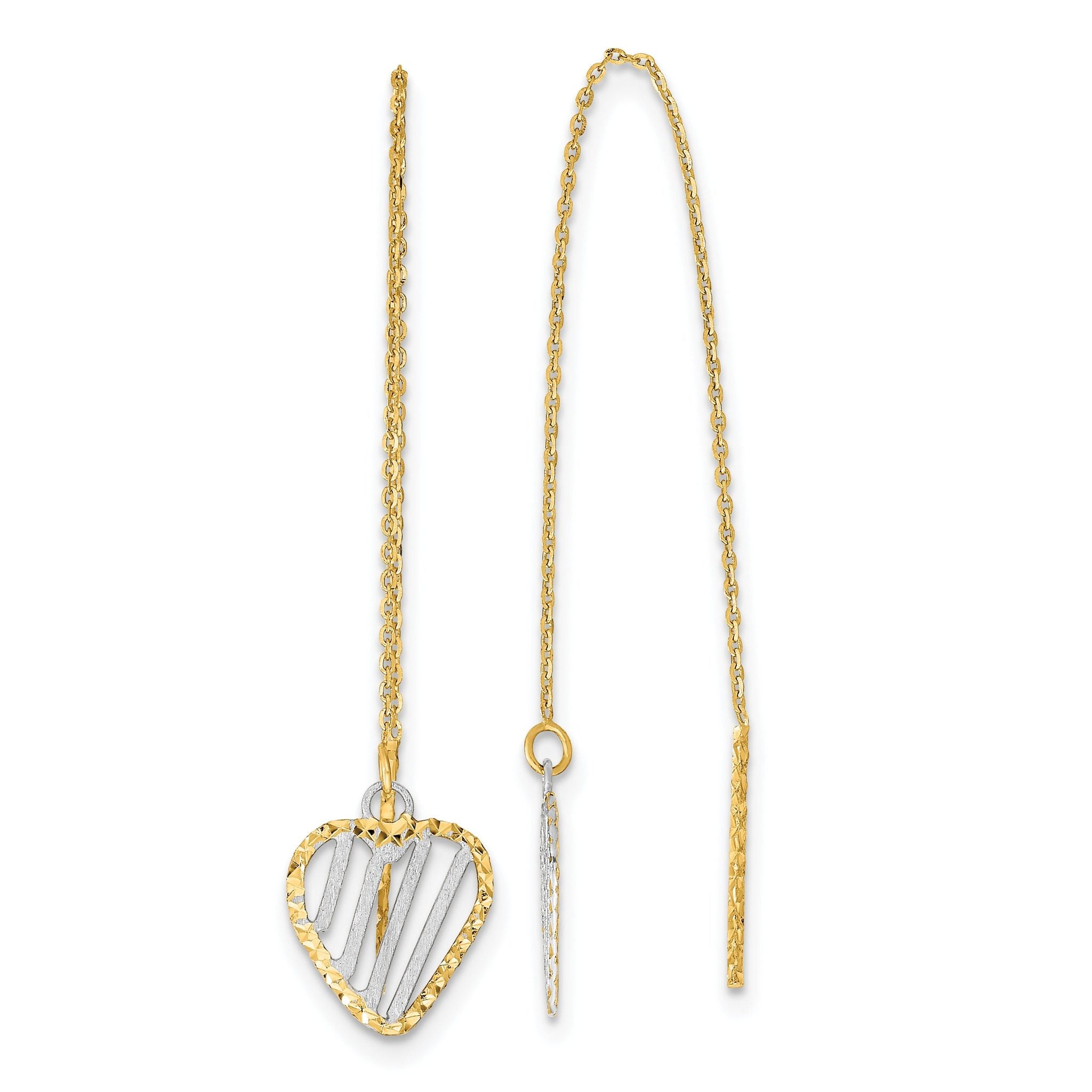 14k & Rhodium Polished Satin and D/C Heart Threader Earrings Main image
