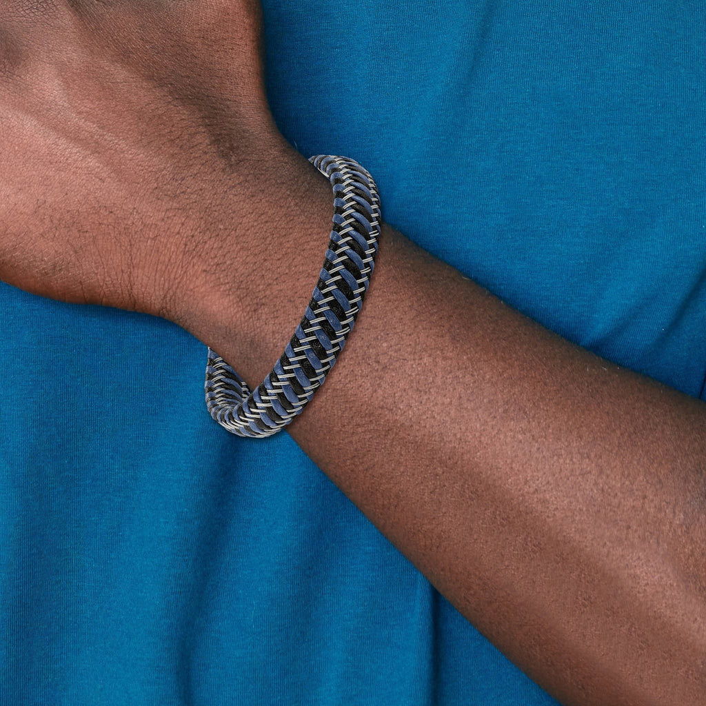 Stainless Steel Polished Braided Wire and Black and Blue Leather Adjustable 7.75 to Bracelet for Men